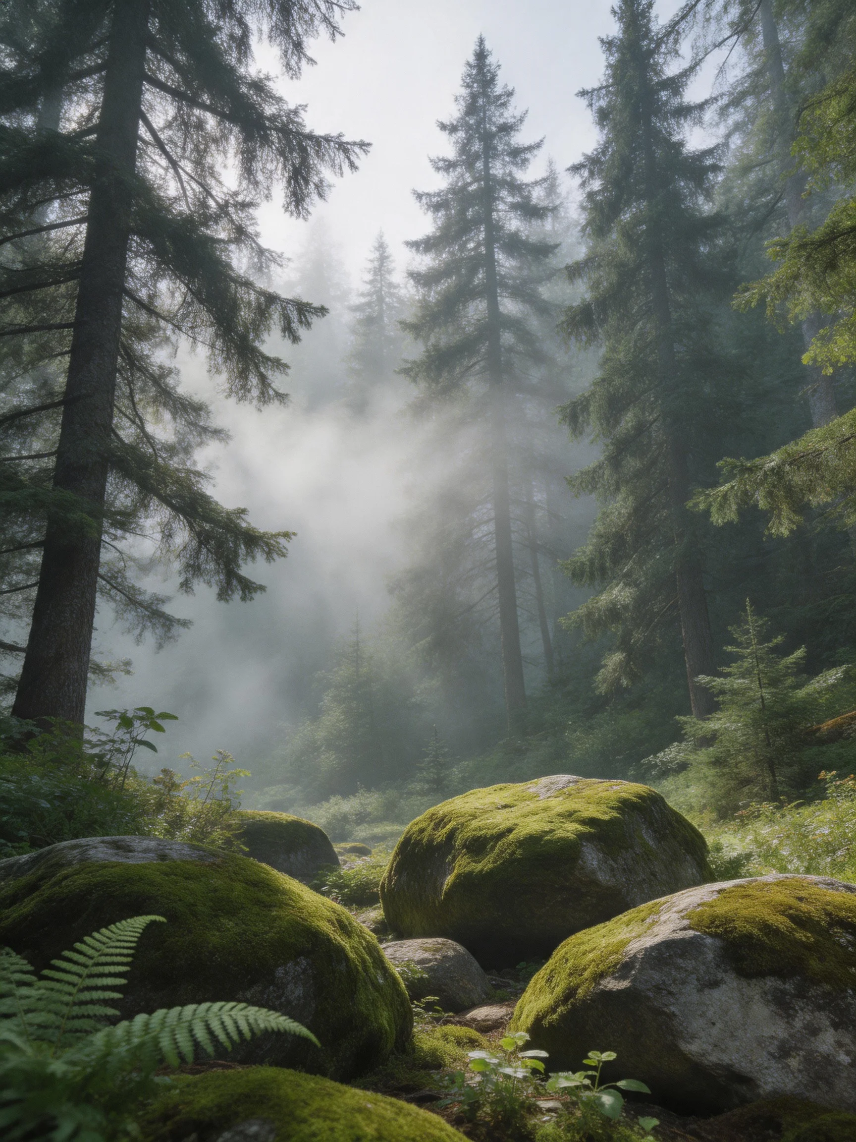 Misty Forest with Moss-Covered Rocks and Tall Evergreens