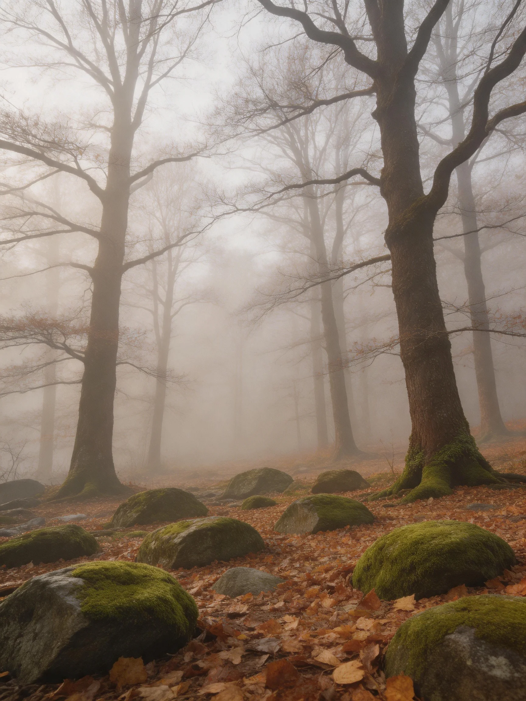 Misty Forest with Moss-Covered Rocks and Tall Trees