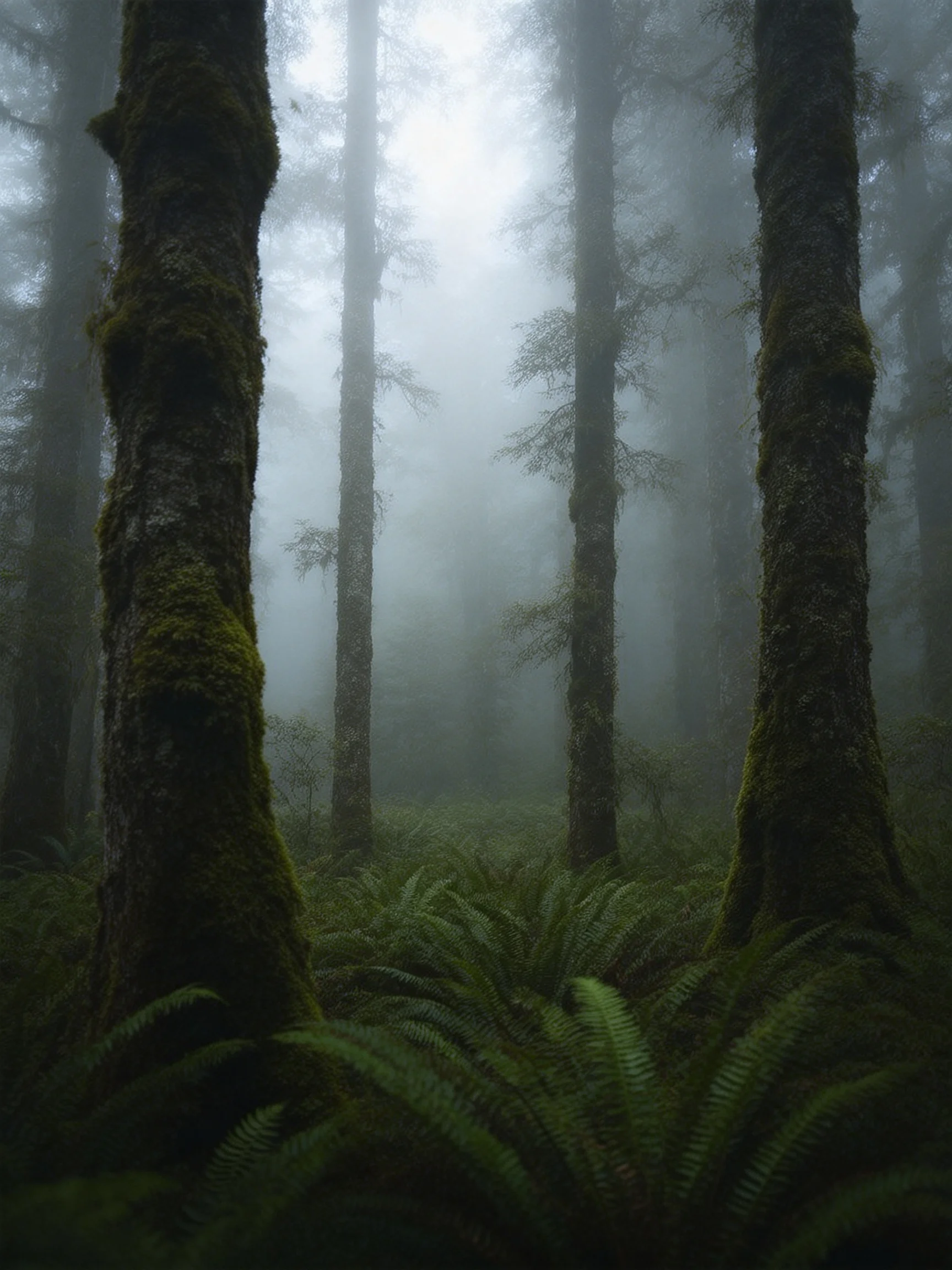 Misty Forest with Moss-Covered Trees and Lush Fern Undergrowth