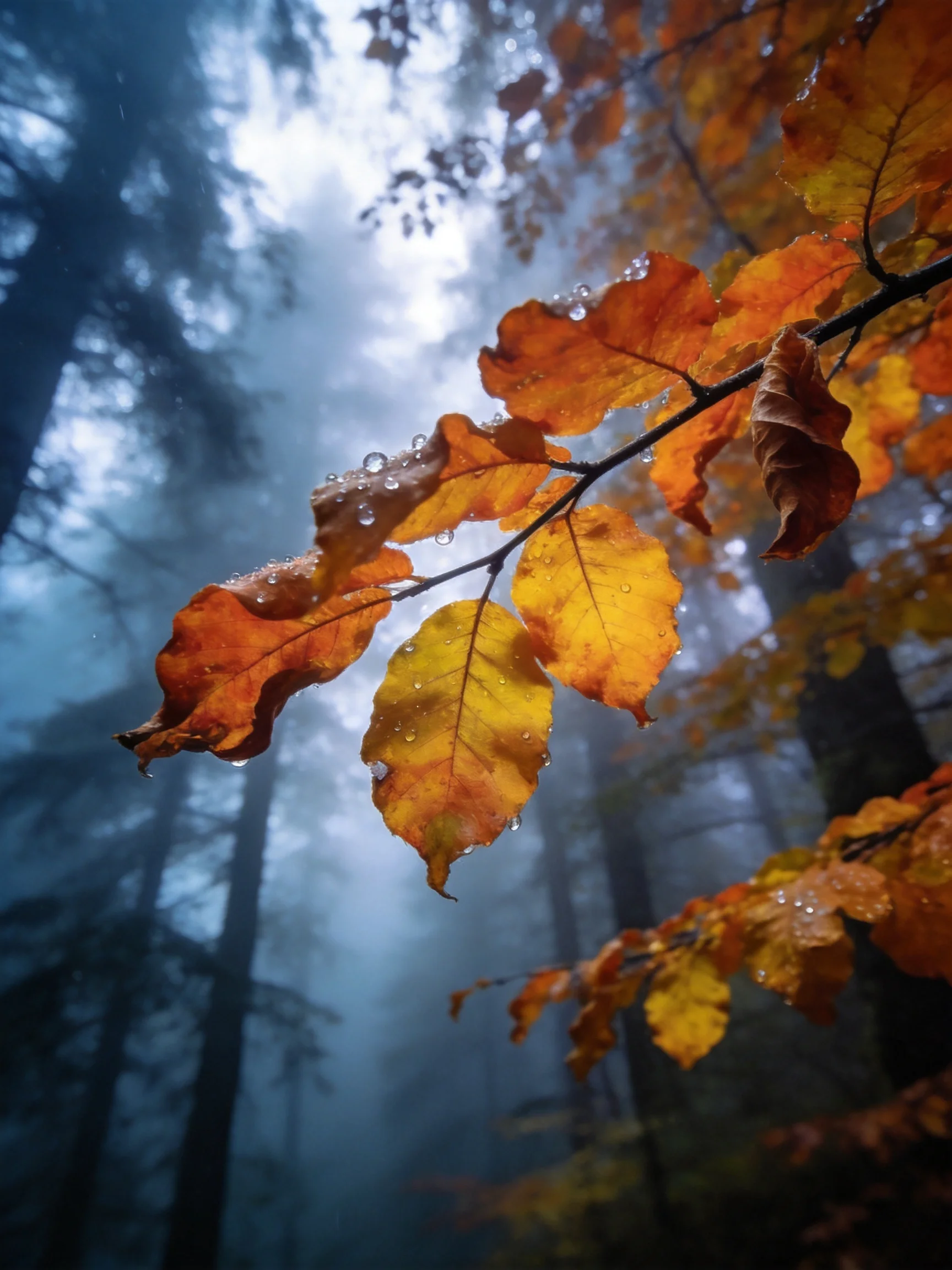 Misty Forest with Orange-Golden Leaves and Dew Drops