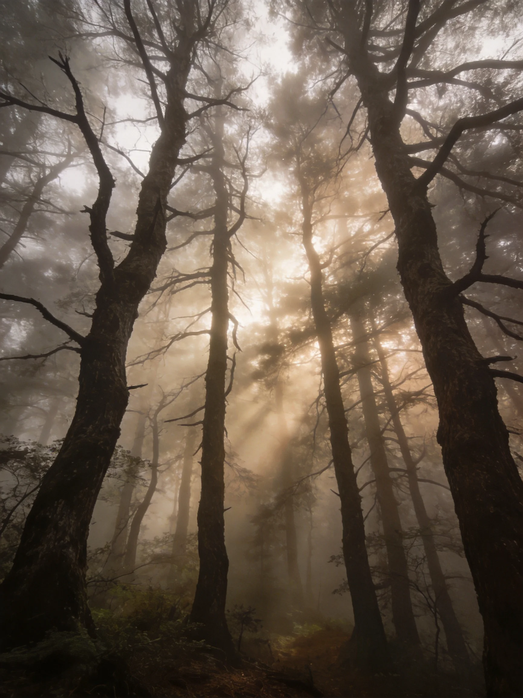 Misty Forest with Sunbeams Penetrating Tall Trees