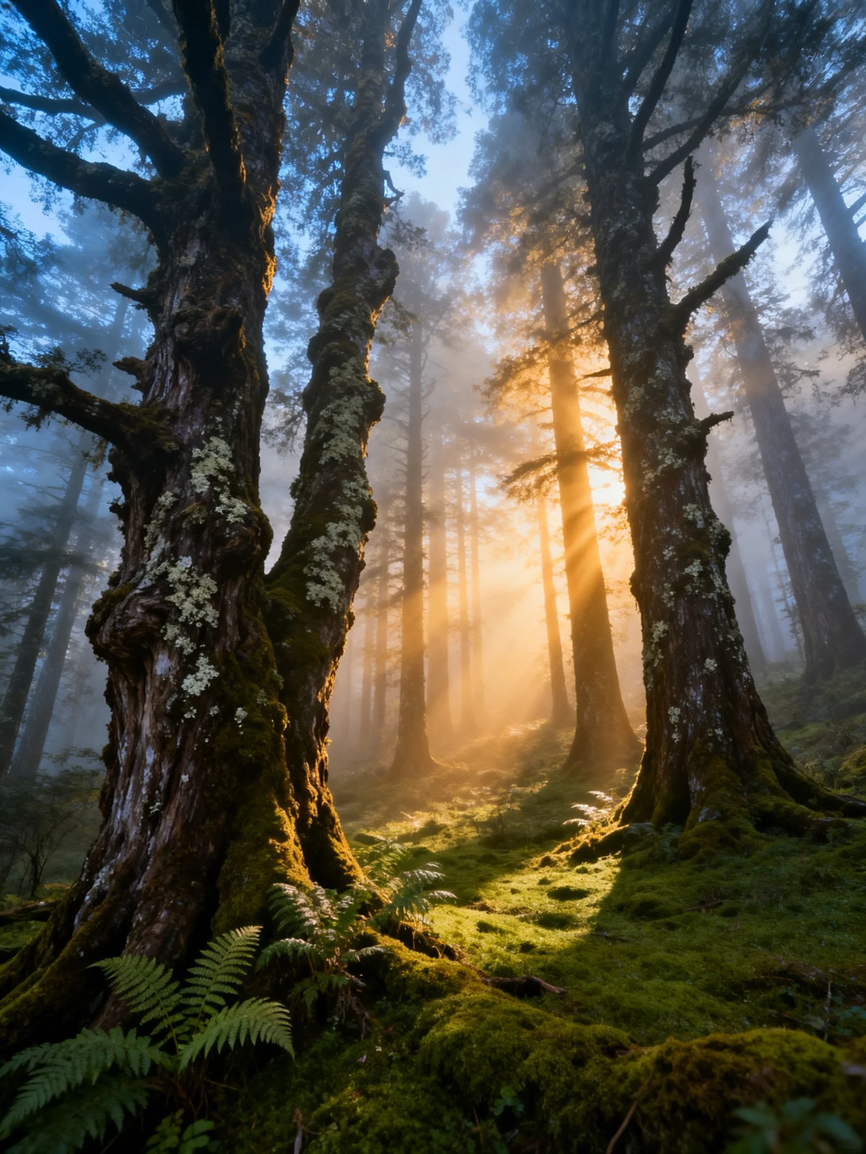 Misty Forest with Sunbeams Through Ancient Moss-Covered Trees