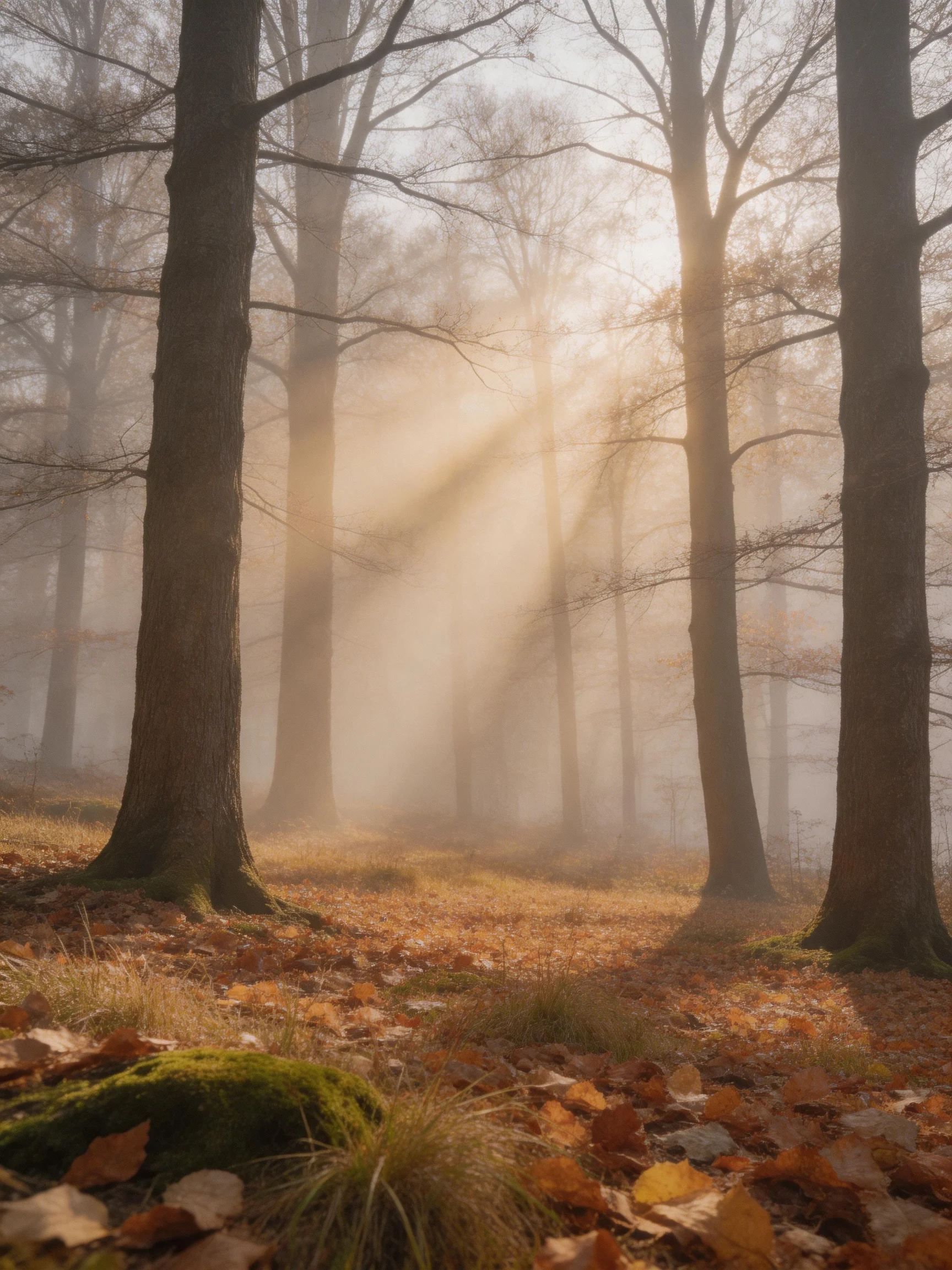Misty Forest with Sunbeams Through Autumn Trees