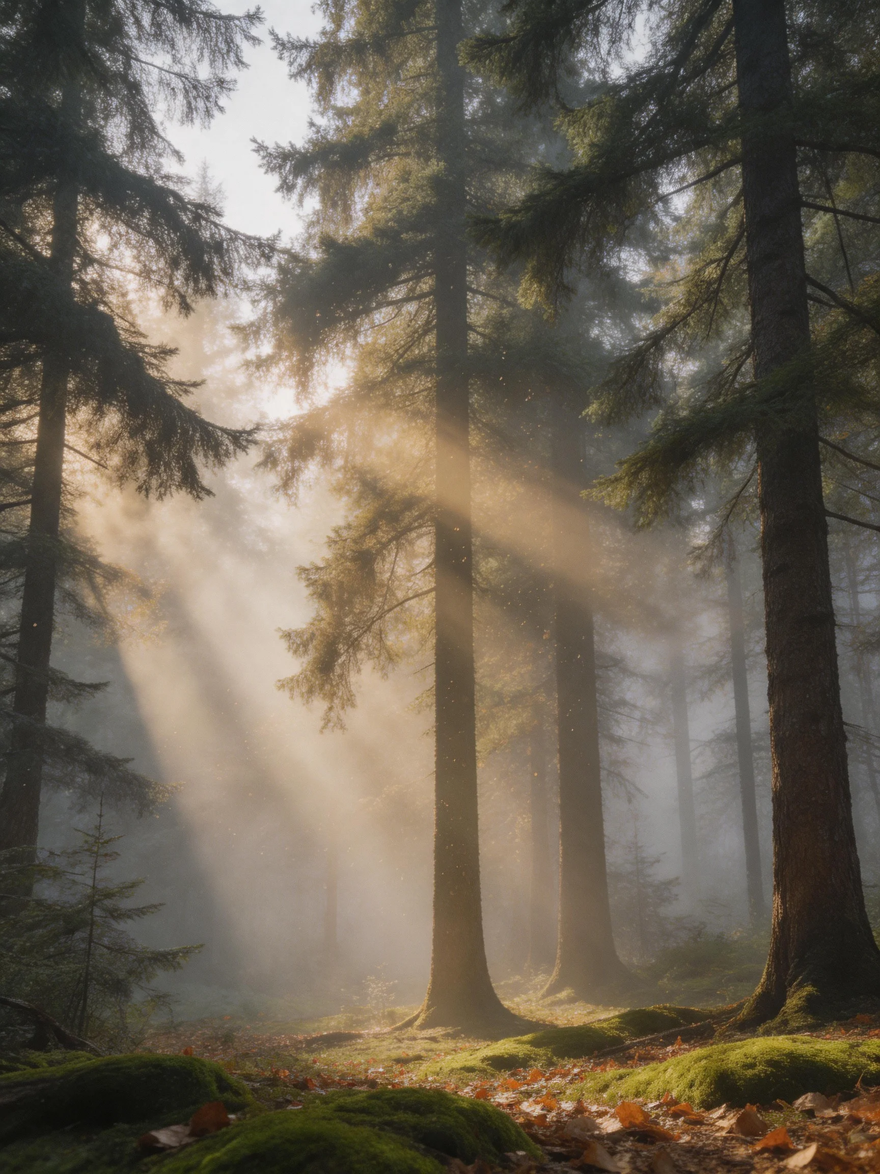 Misty Forest with Sunbeams Through Tall Evergreen Trees