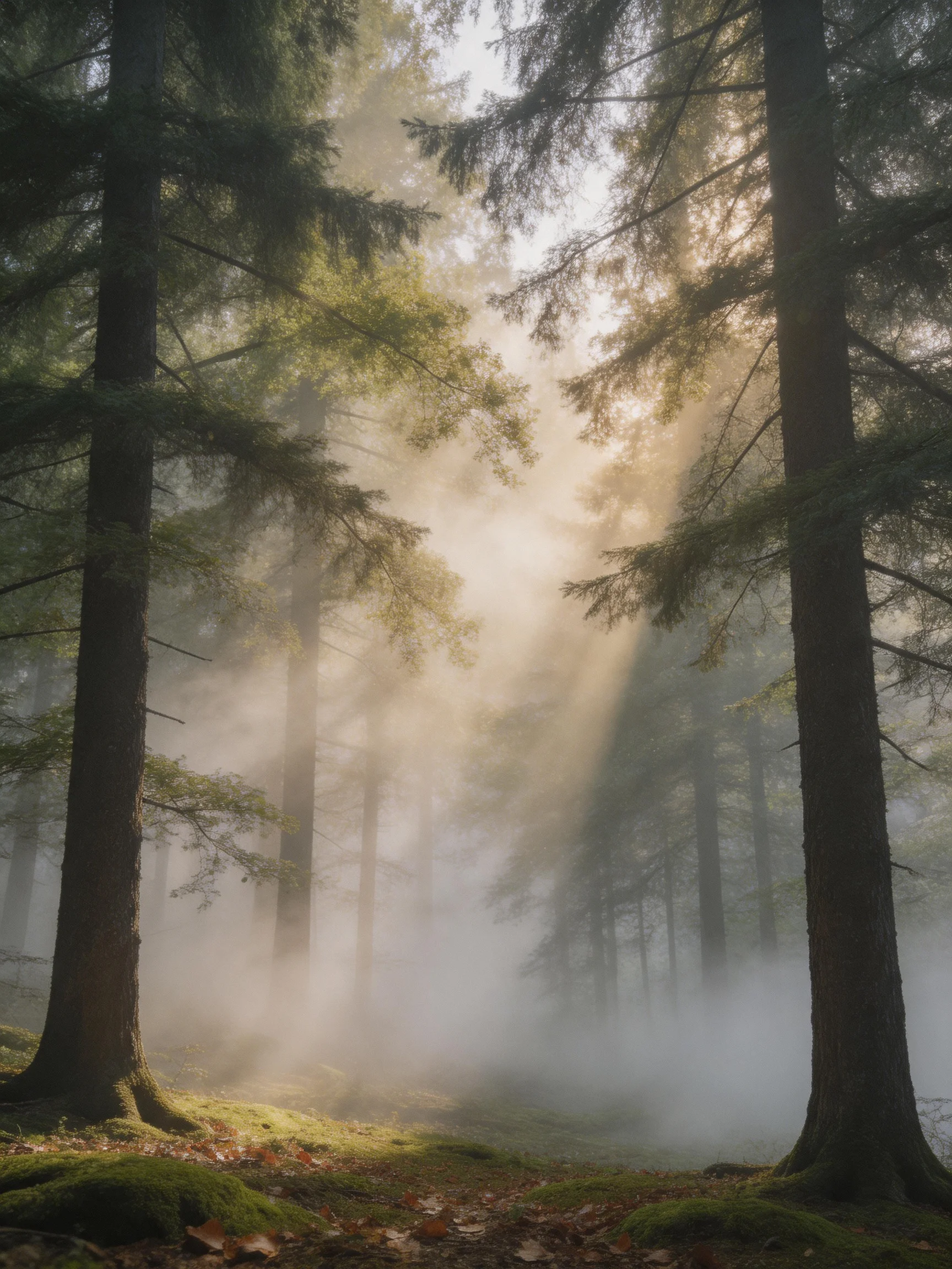 Misty Forest with Sunbeams Through Tall Evergreen Trees