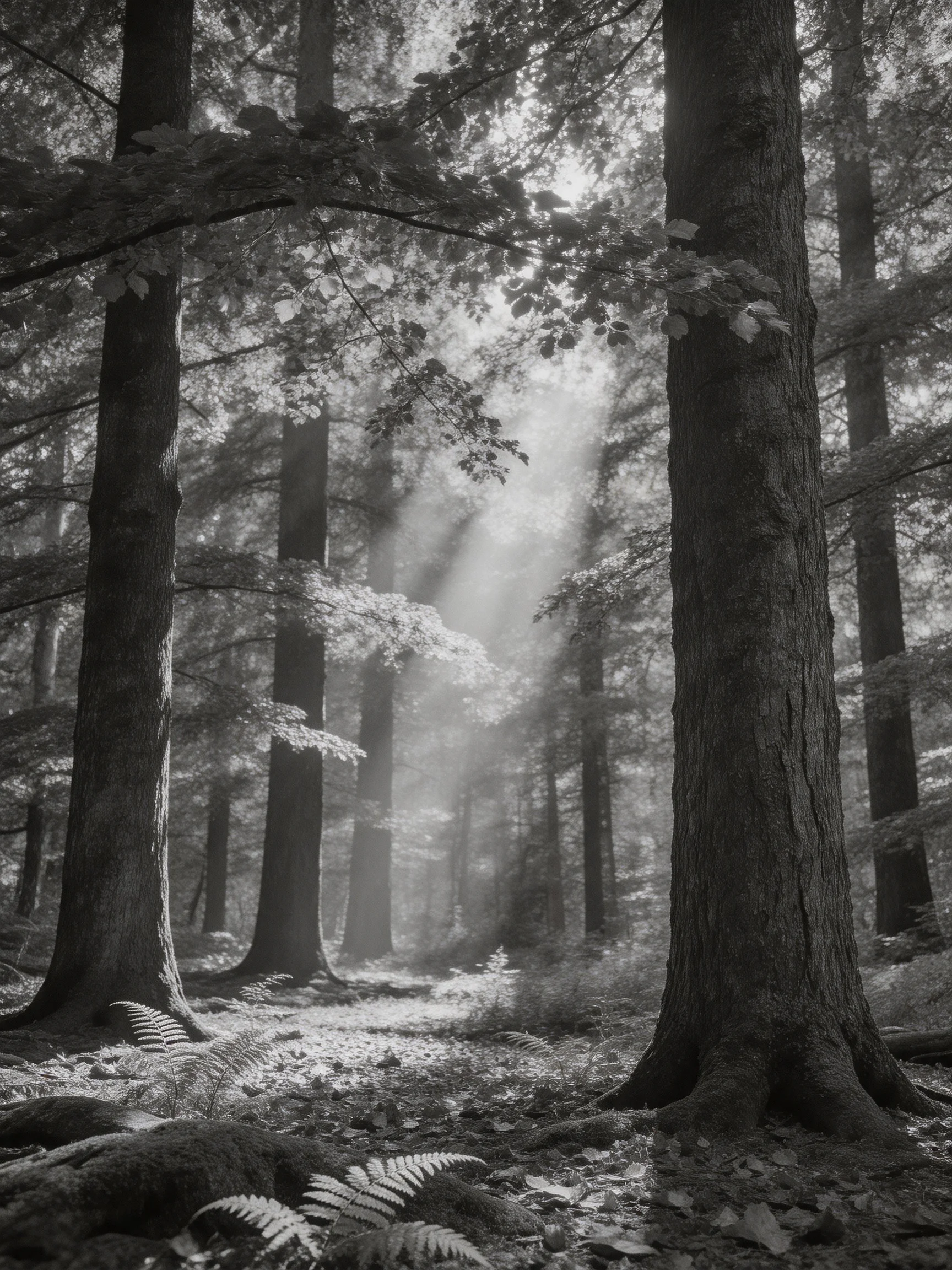 Misty Forest with Sunbeams Through Tall Trees
