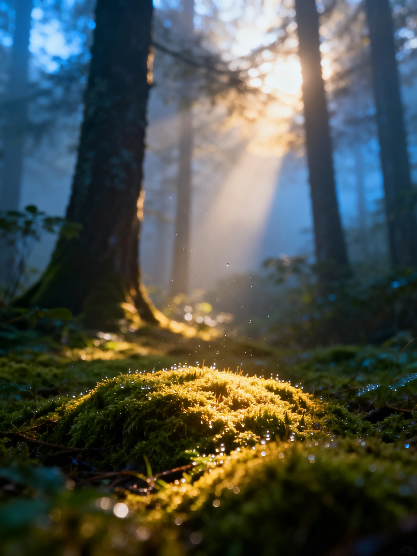 Misty Forest with Sunbeams on Mossy Ground