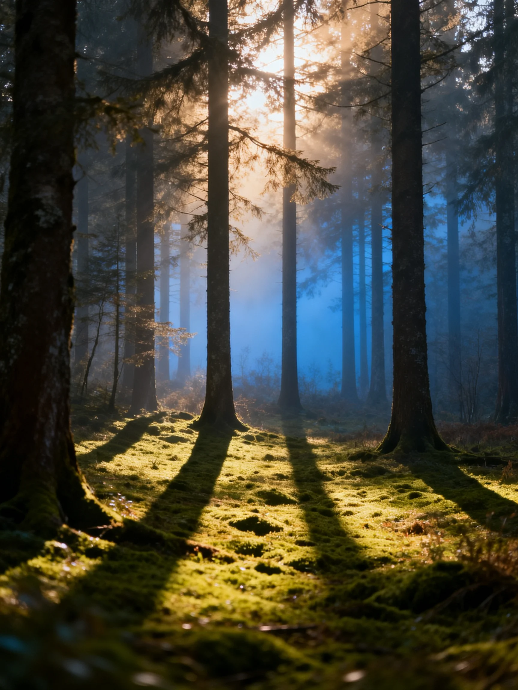 Misty Forest with Sunlight Through Tall Trees and Mossy Ground