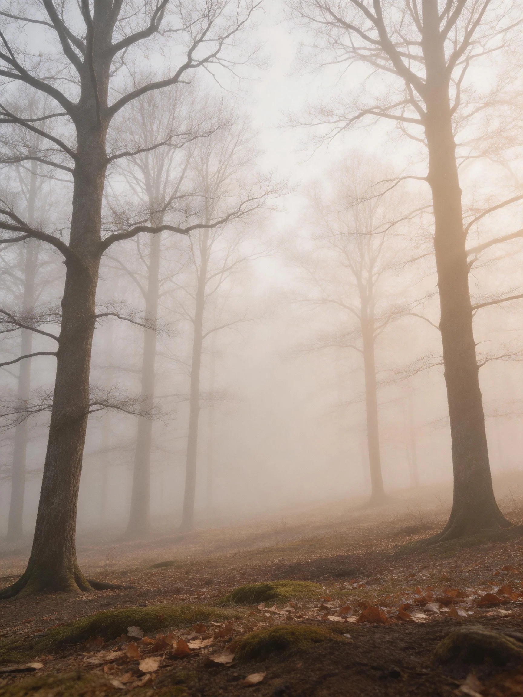 Misty Forest with Tall Bare Trees and Autumn Leaves