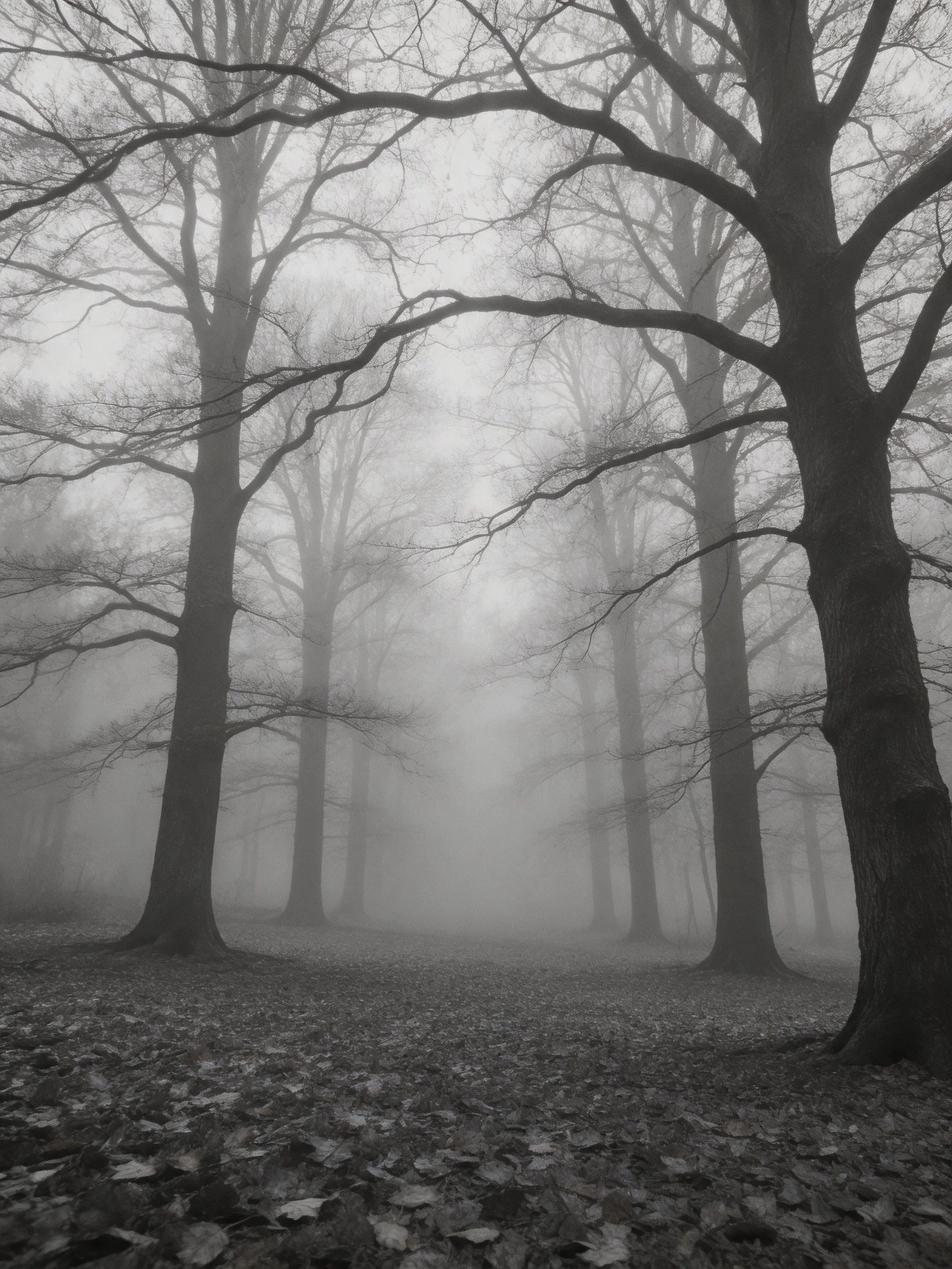 Misty Forest with Tall Bare Trees and Fallen Leaves