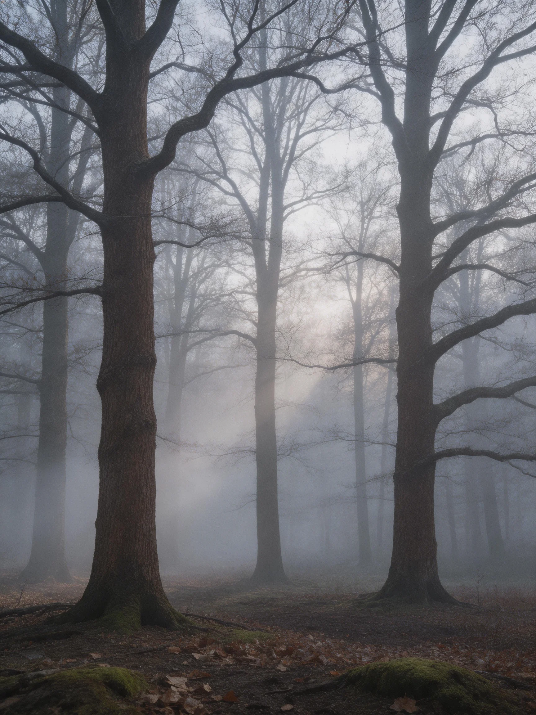 Misty Forest with Tall Bare Trees and Sunbeams