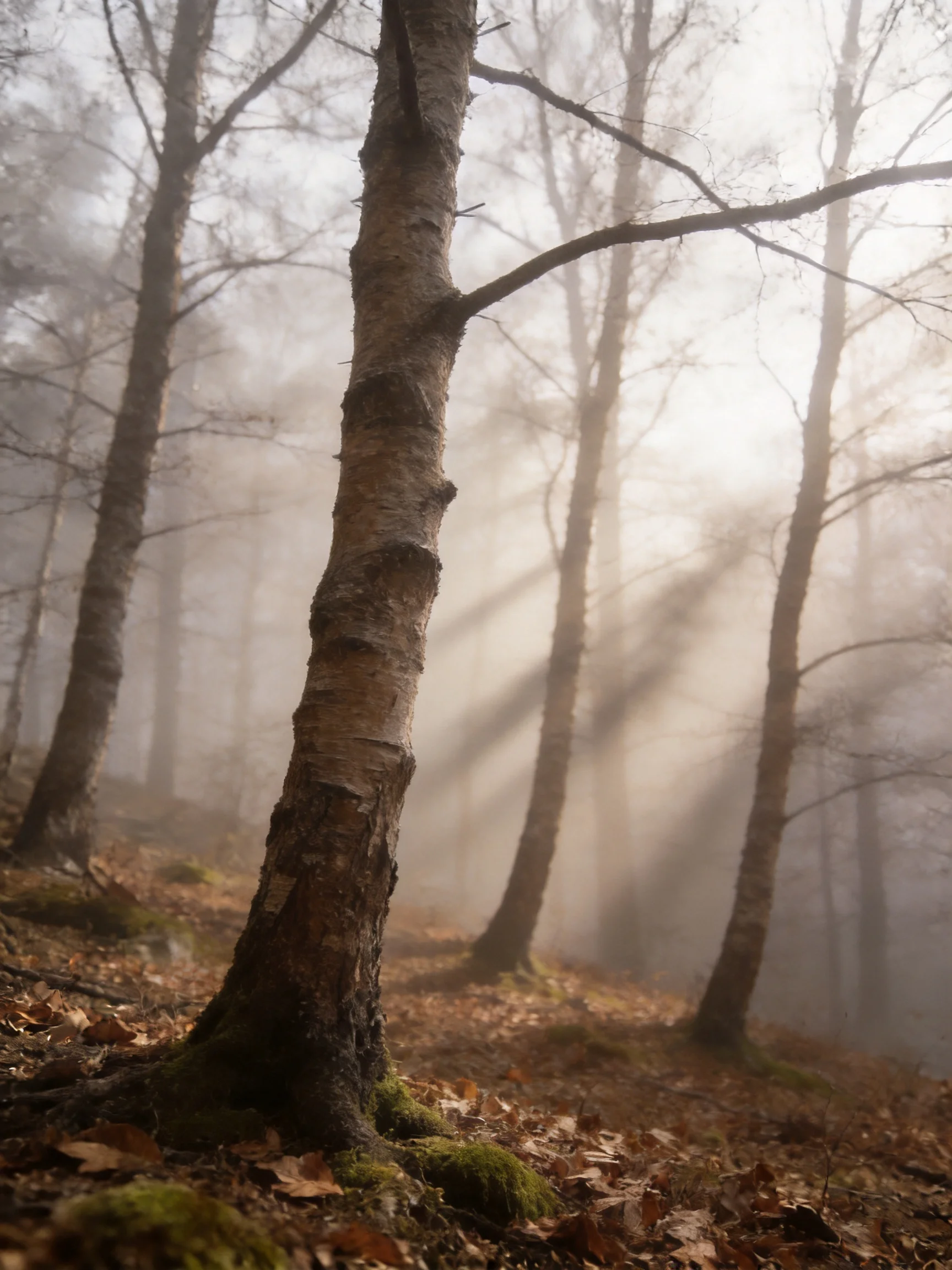 Misty Forest with Tall Birch Trees and Fallen Leaves