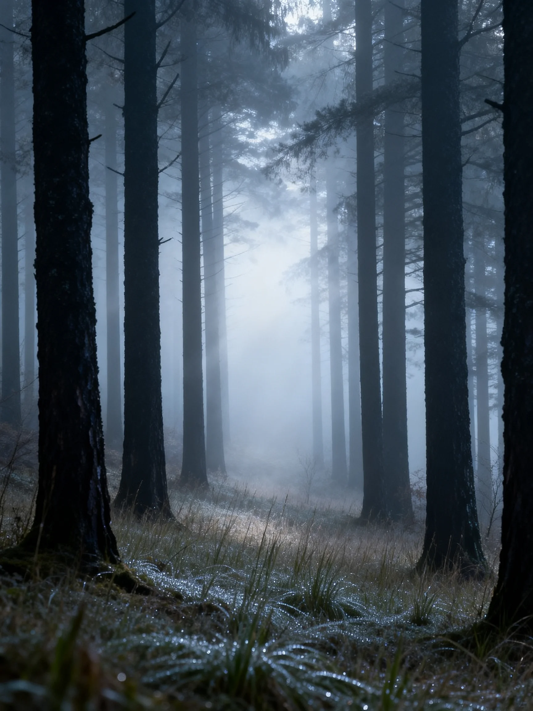 Misty Forest with Tall Dark Trees and Dew-Covered Grass