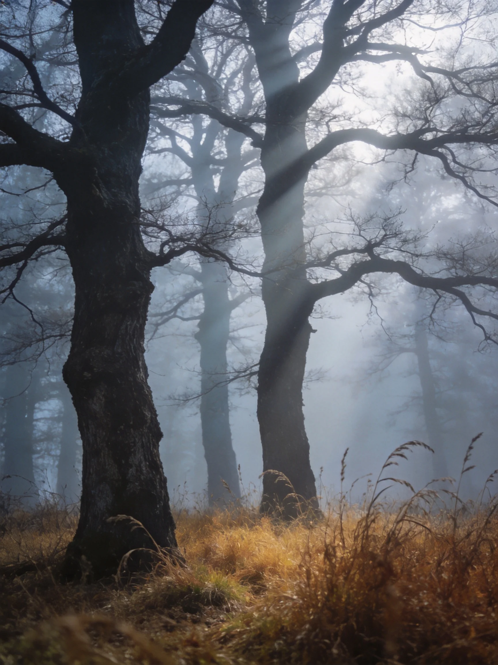 Misty Forest with Tall Dark Trees and Golden Underbrush