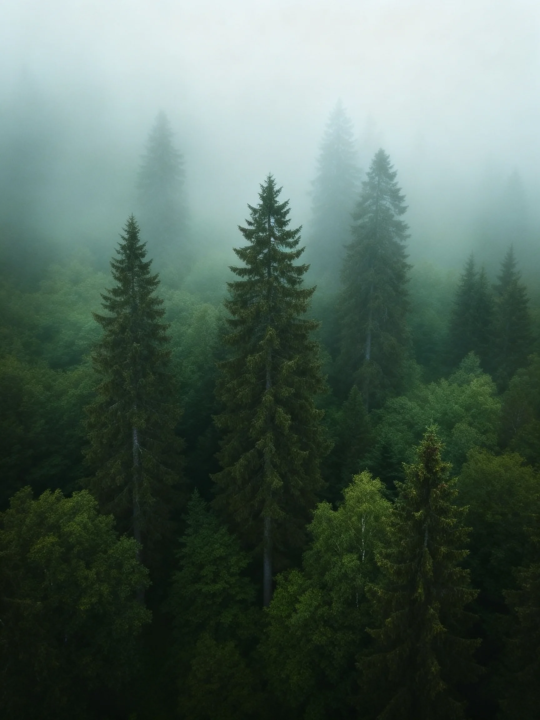 Misty Forest with Tall Evergreen Trees and Dense Green Foliage
