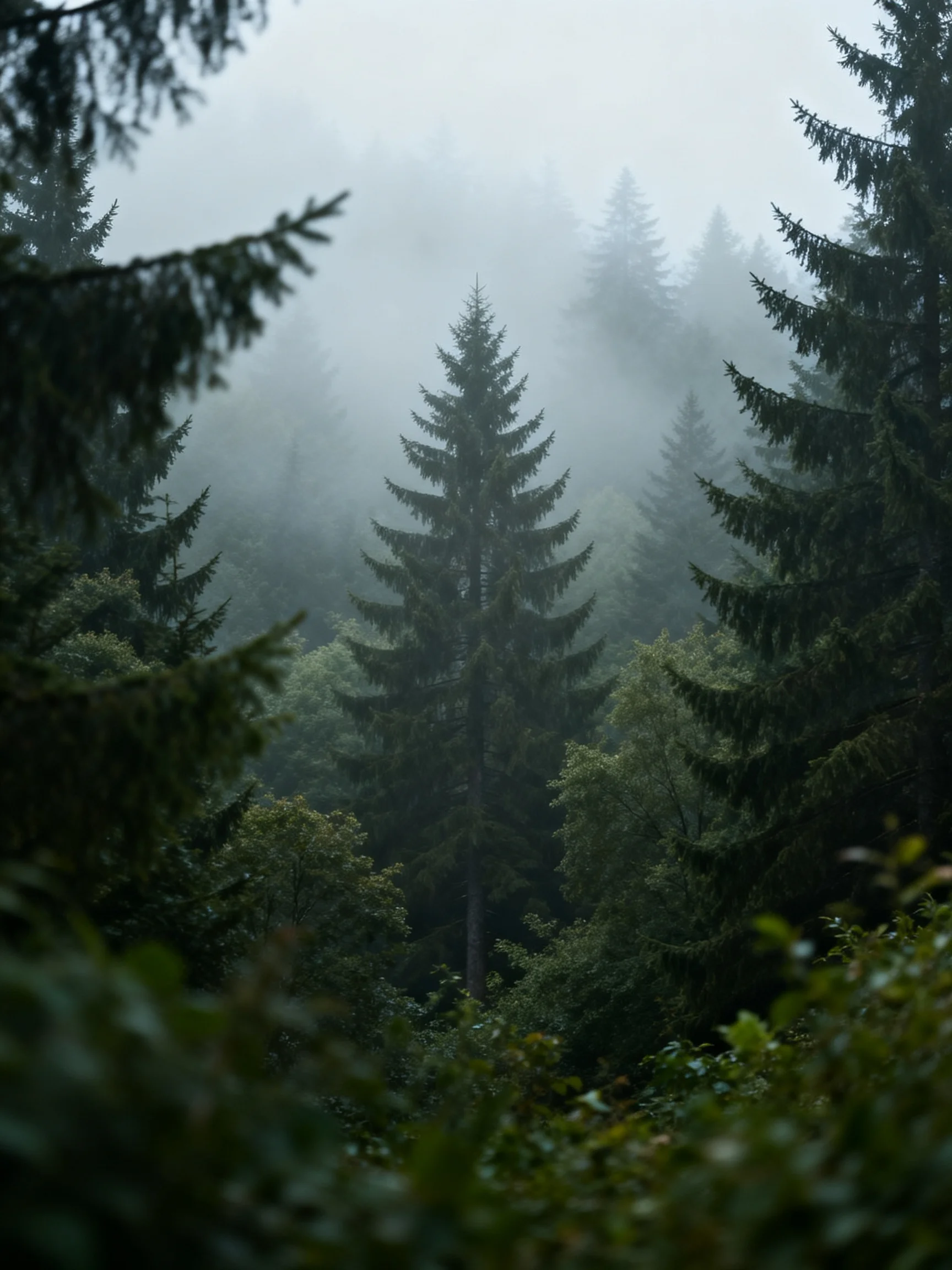 Misty Forest with Tall Evergreen Trees and Dense Underbrush