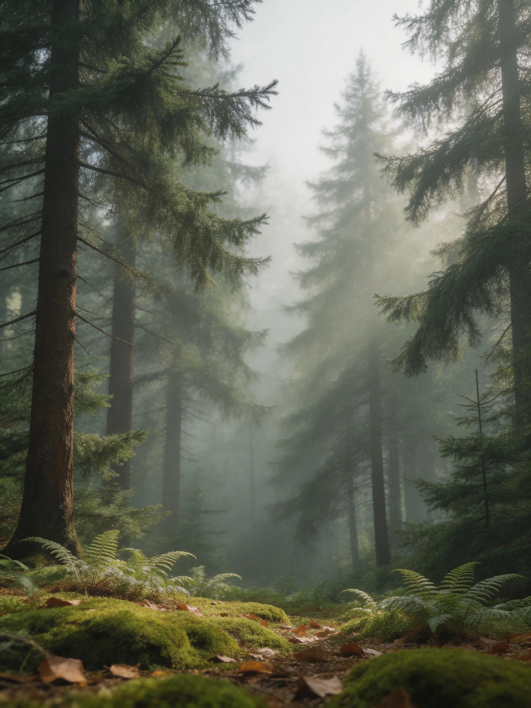 Misty Forest with Tall Evergreen Trees and Fern-Covered Ground