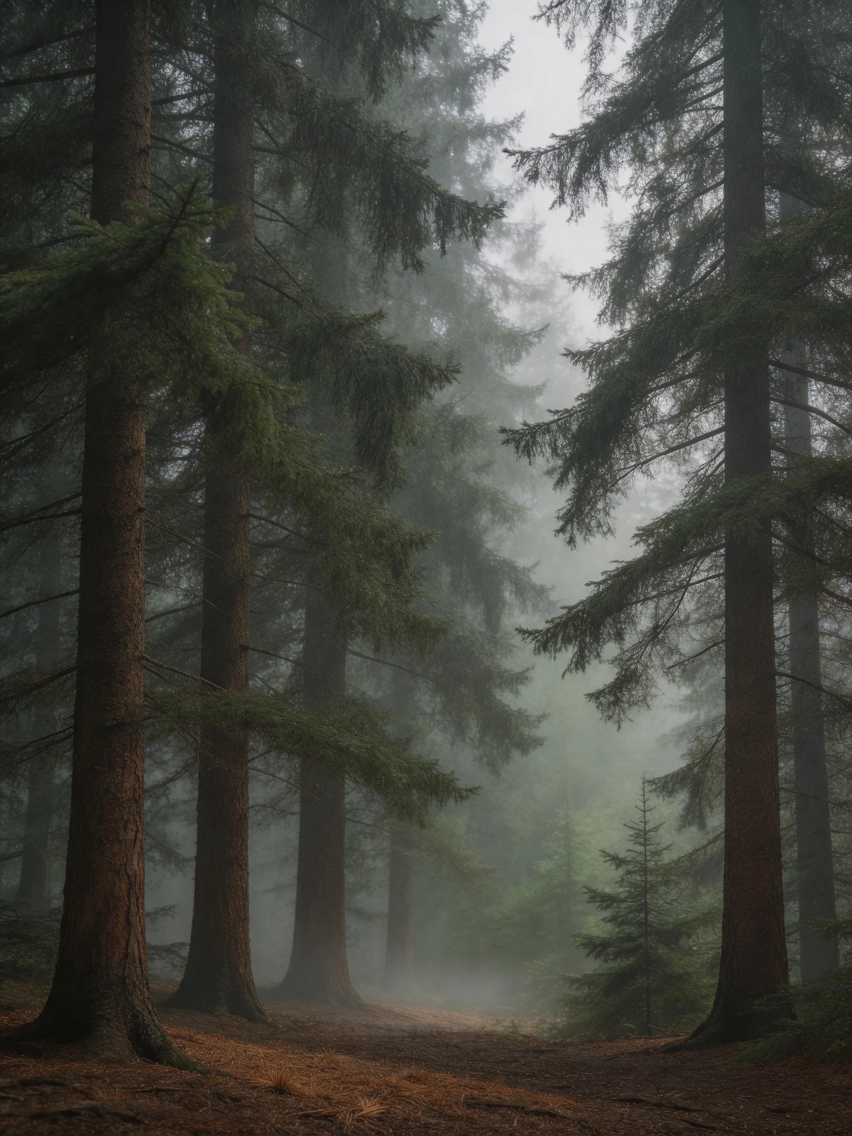 Misty Forest with Tall Evergreen Trees and Foggy Atmosphere
