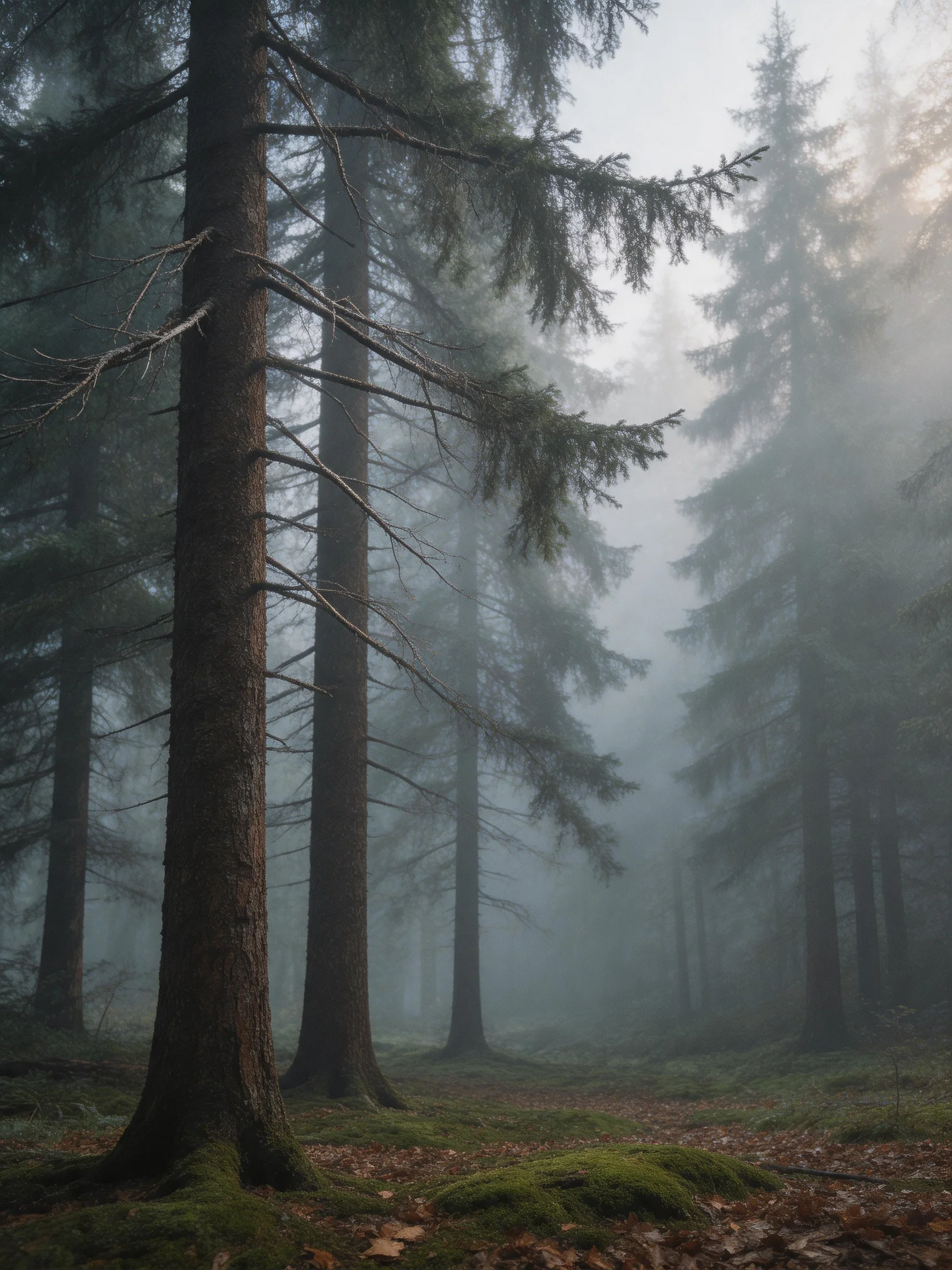Misty Forest with Tall Evergreen Trees and Moss-Covered Ground