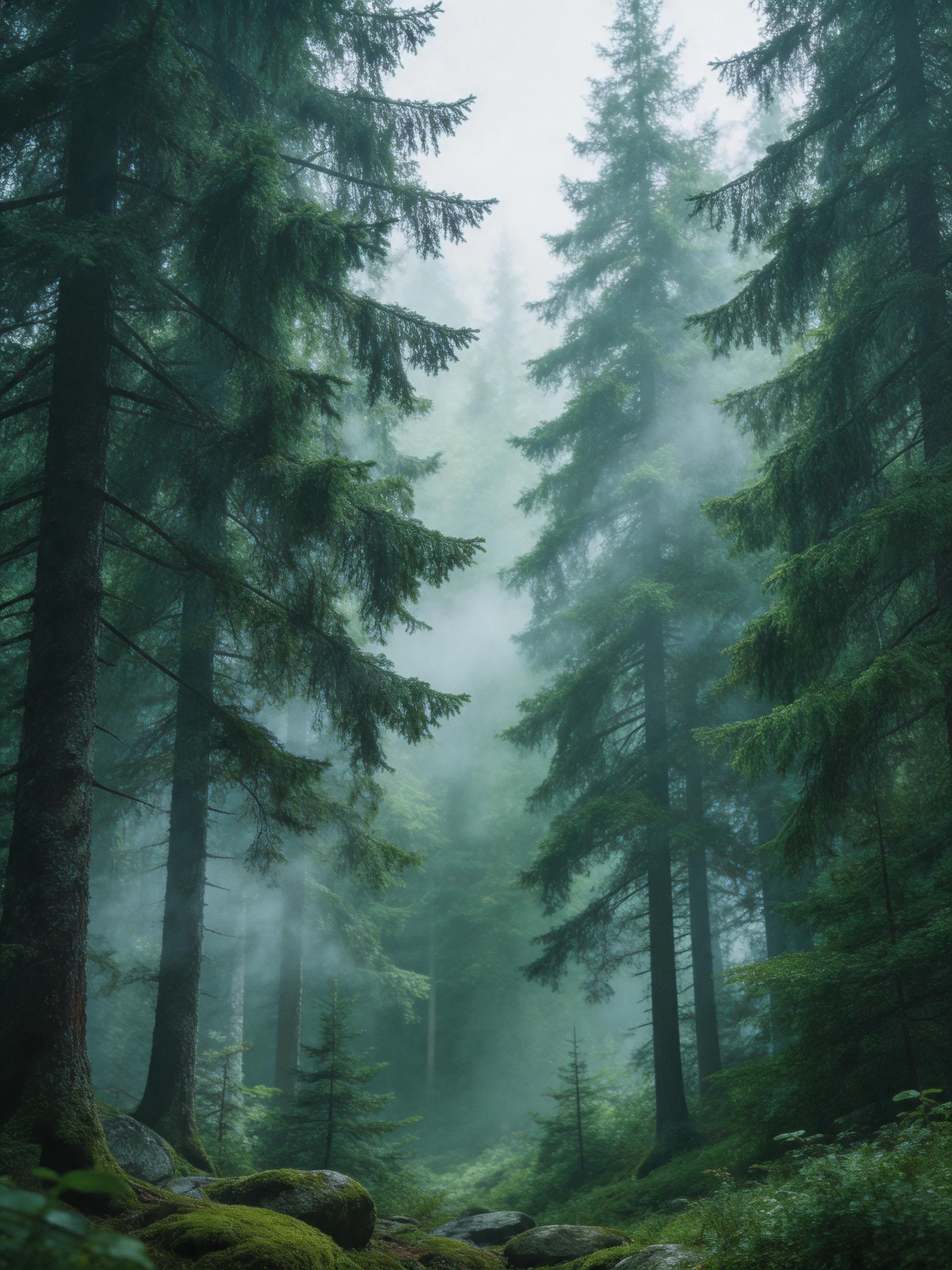Misty Forest with Tall Evergreen Trees and Moss-Covered Rocks