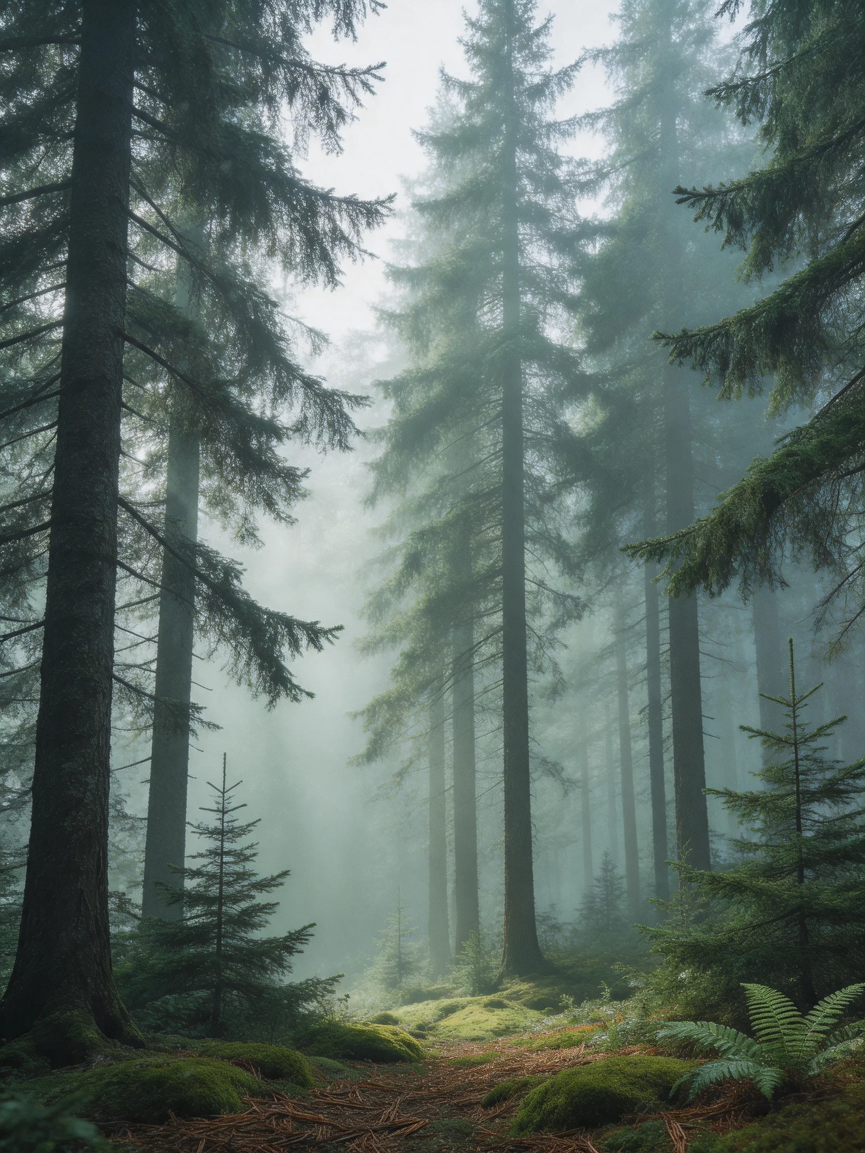 Misty Forest with Tall Evergreen Trees and Mossy Ground
