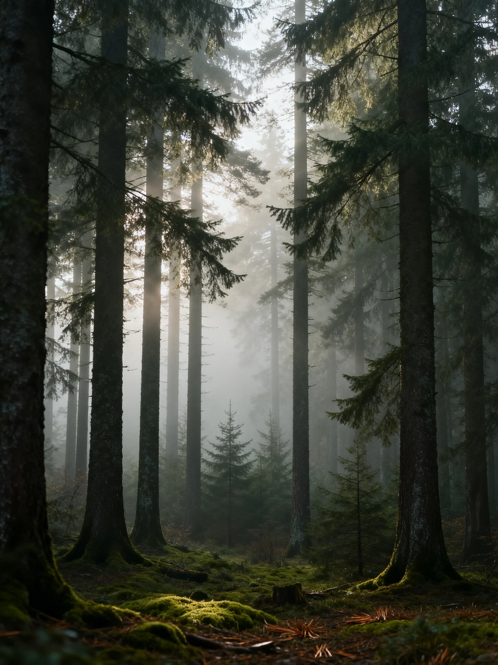 Misty Forest with Tall Evergreen Trees and Sunbeams
