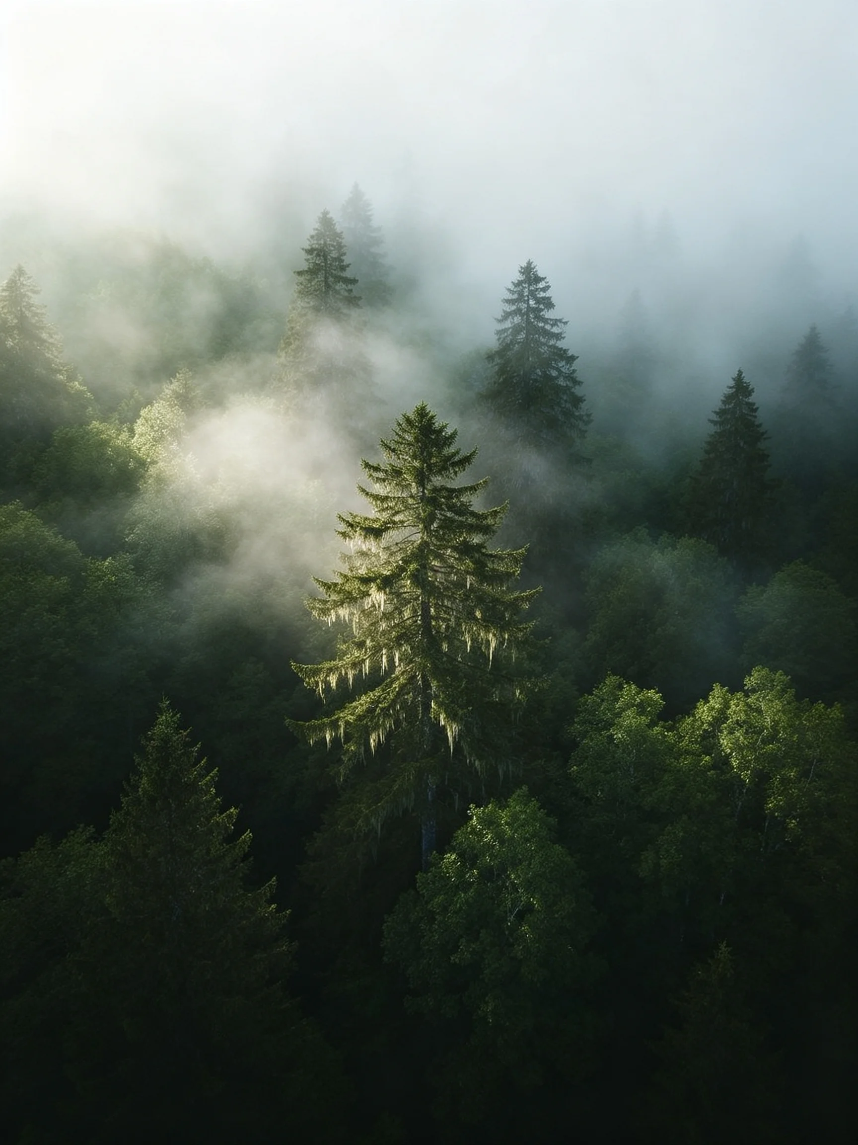 Misty Forest with Tall Evergreens and Dense Green Foliage