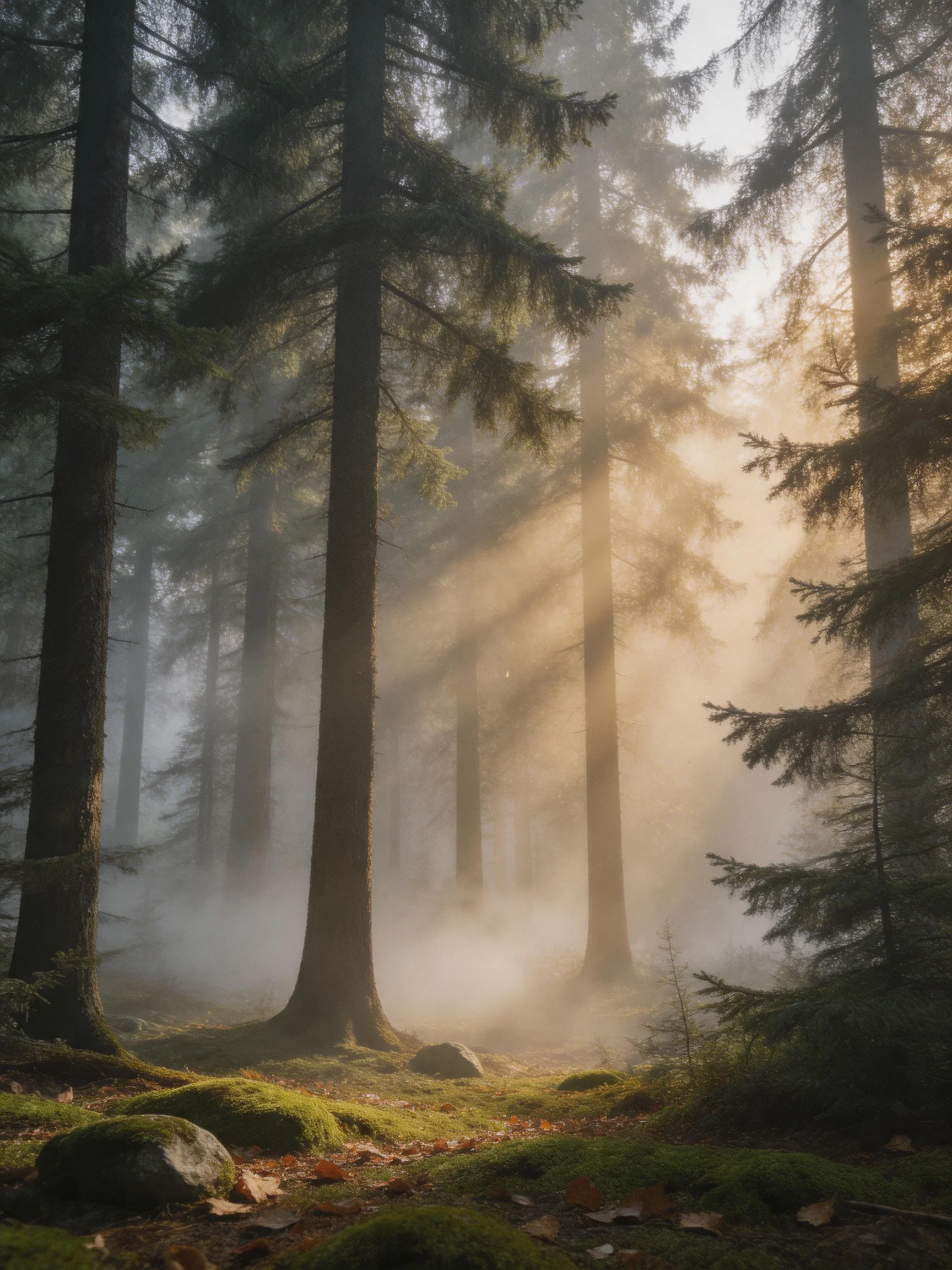 Misty Forest with Tall Evergreens and Golden Sunlight