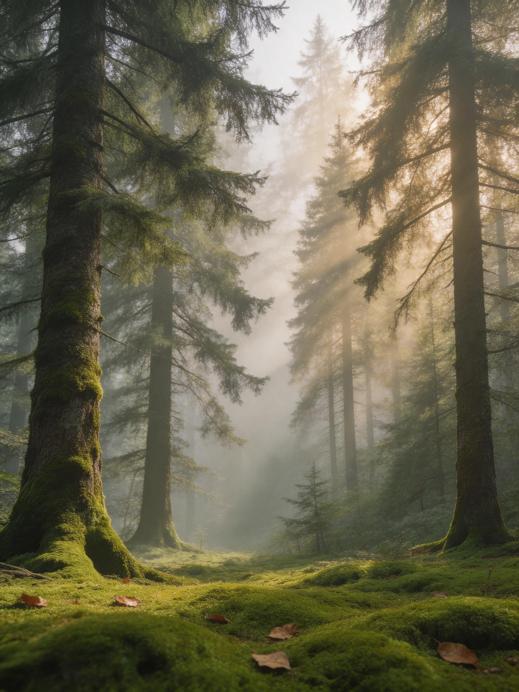 Misty Forest with Tall Evergreens and Moss-Covered Ground