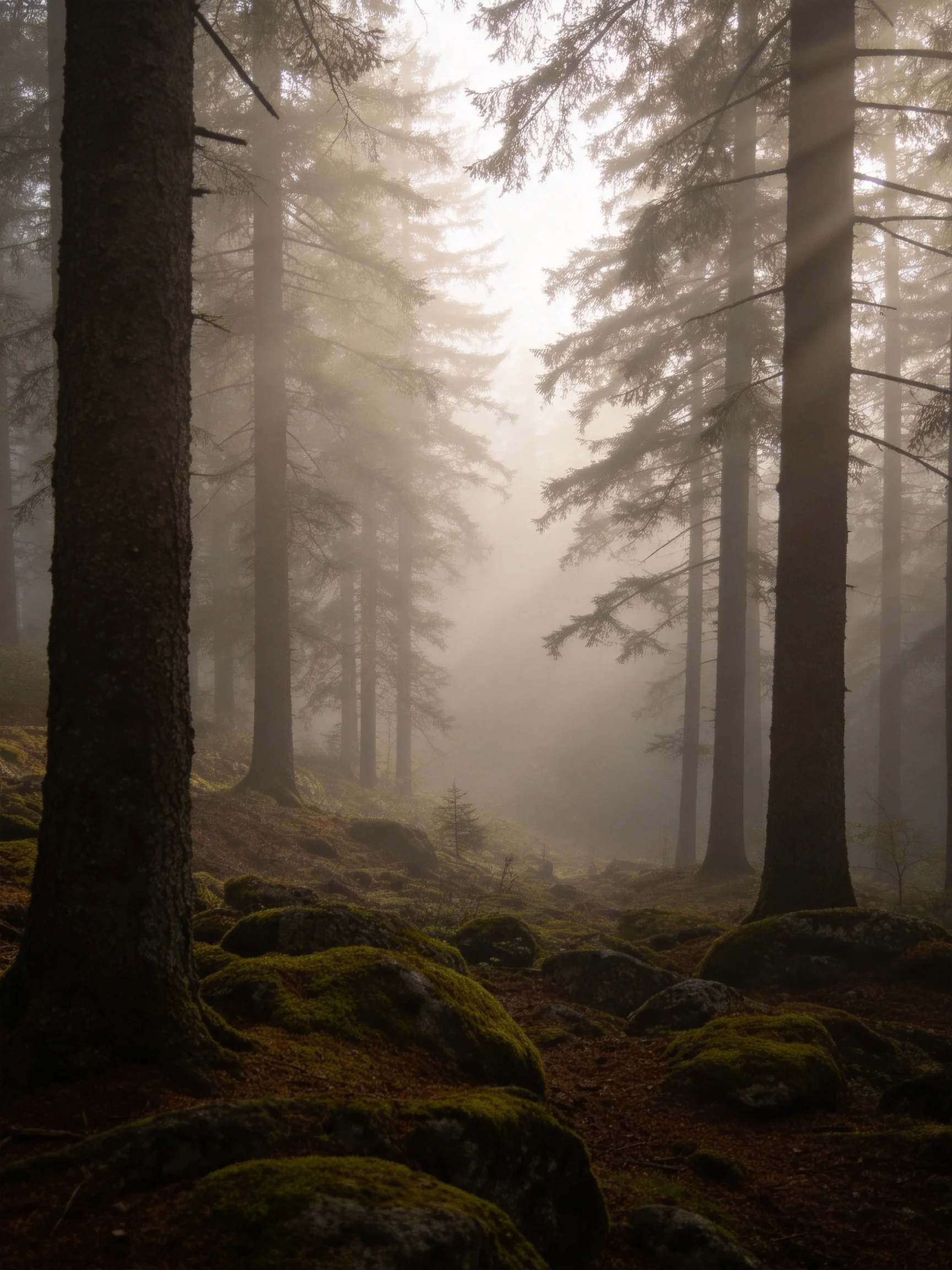 Misty Forest with Tall Evergreens and Moss-Covered Rocks