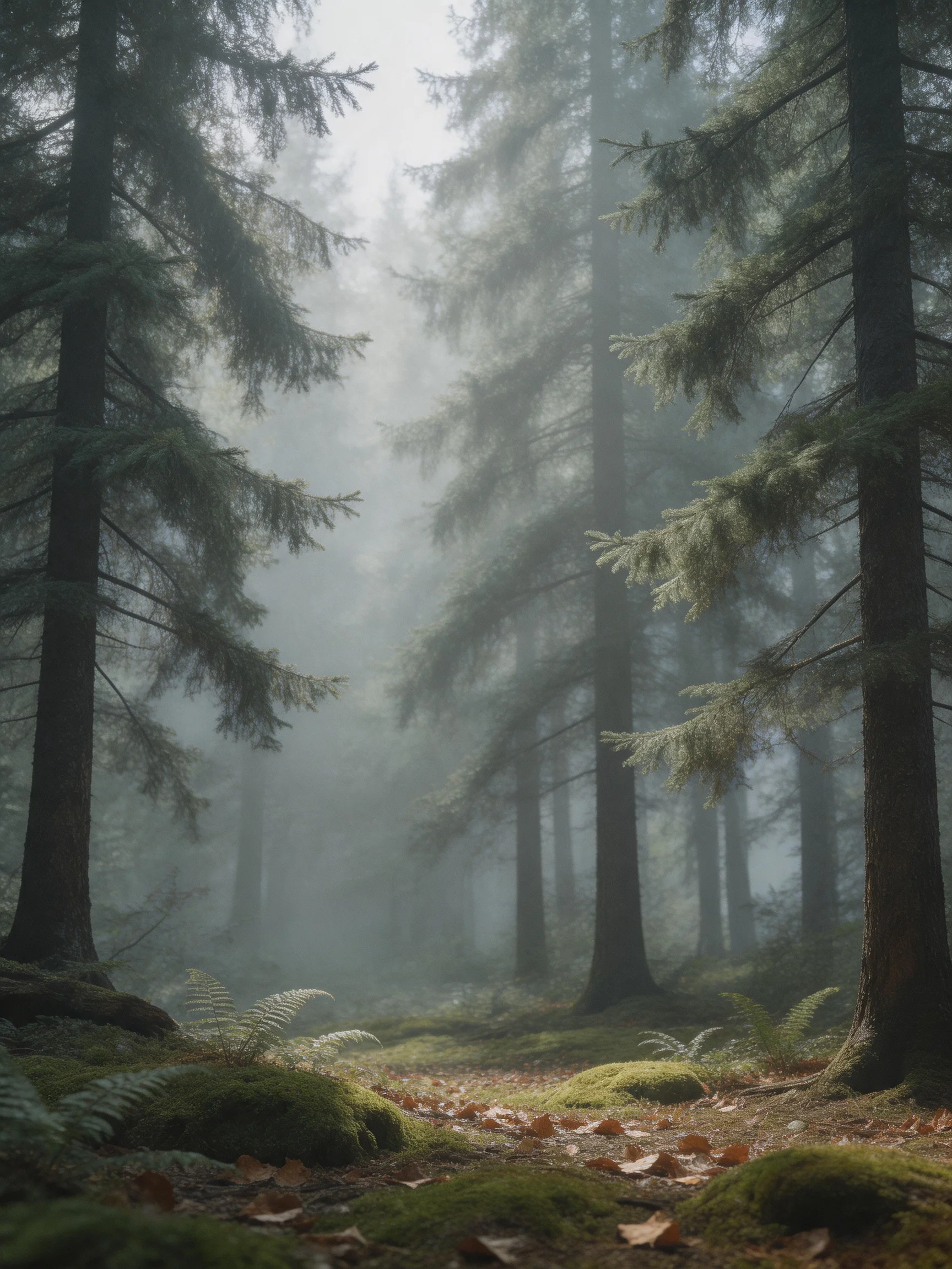 Misty Forest with Tall Evergreens and Moss-Covered Terrain