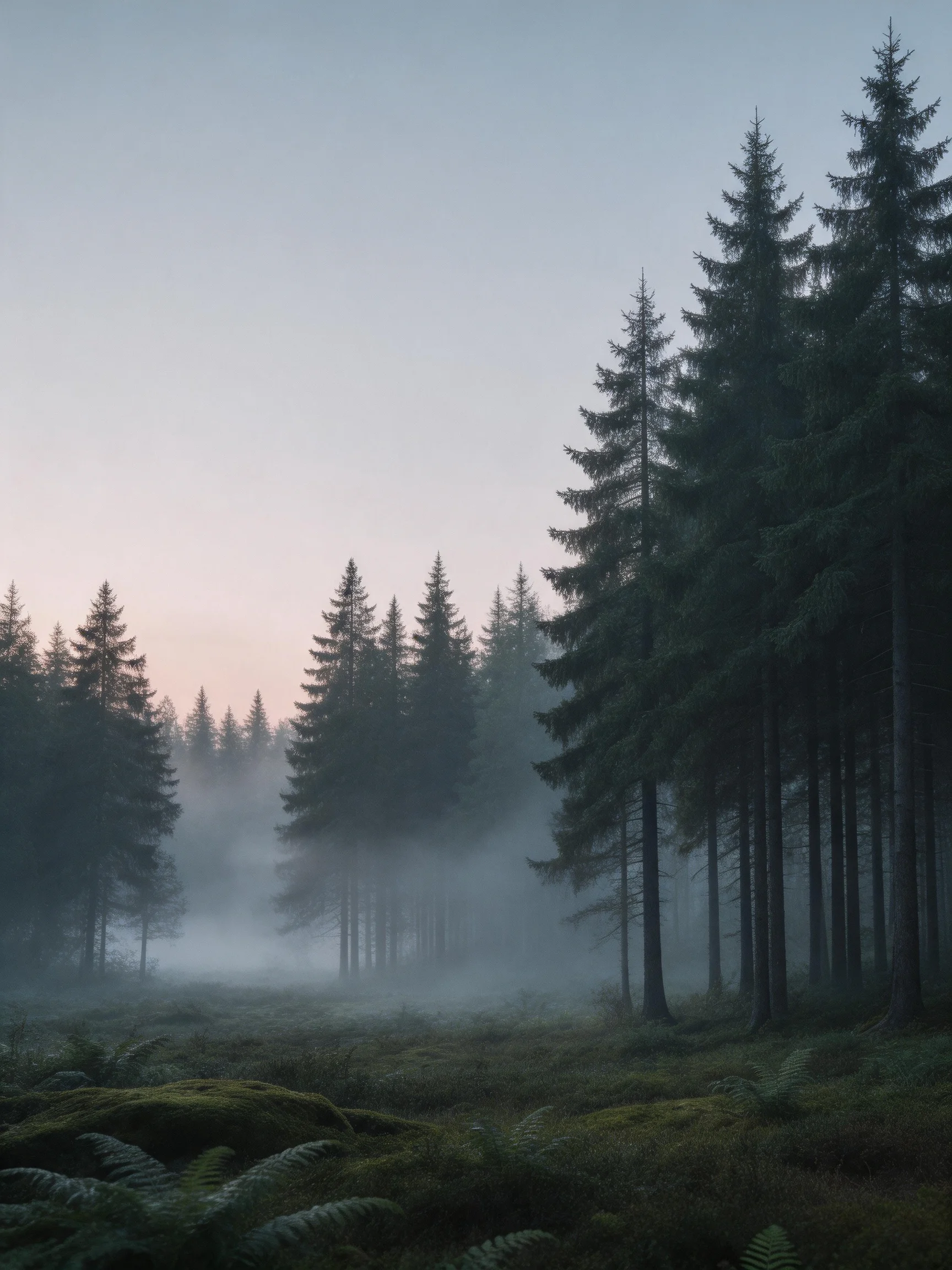 Misty Forest with Tall Evergreens and Mossy Undergrowth