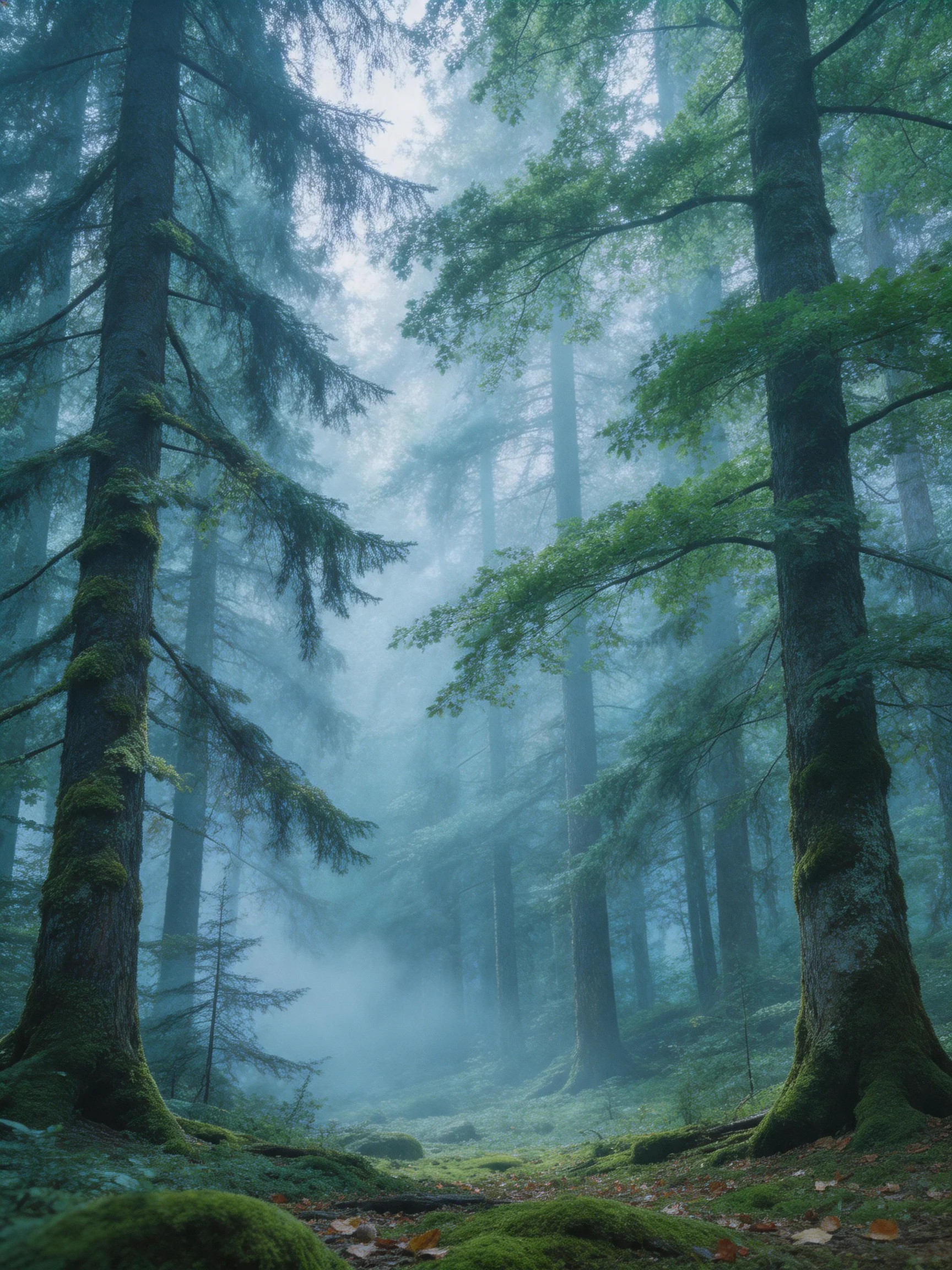 Misty Forest with Tall Moss-Covered Trees and Dense Green Foliage