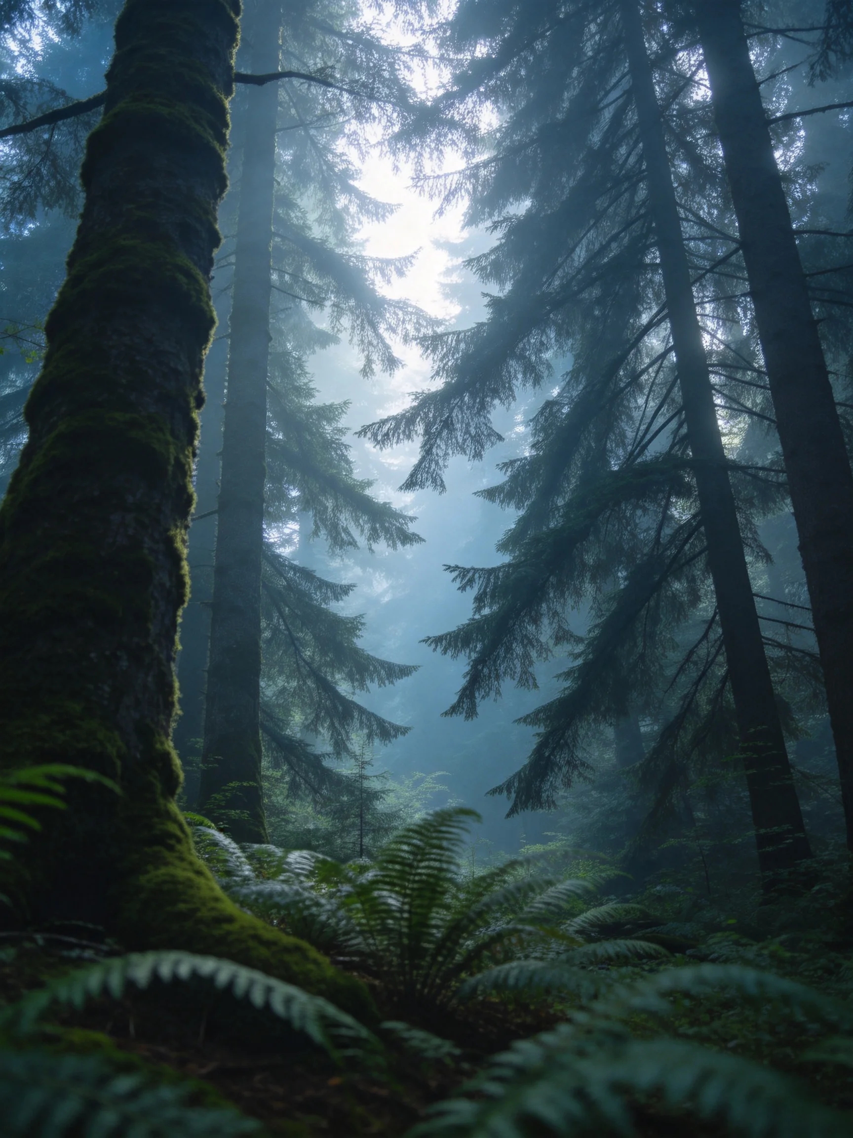 Misty Forest with Tall Moss-Covered Trees and Fern Undergrowth
