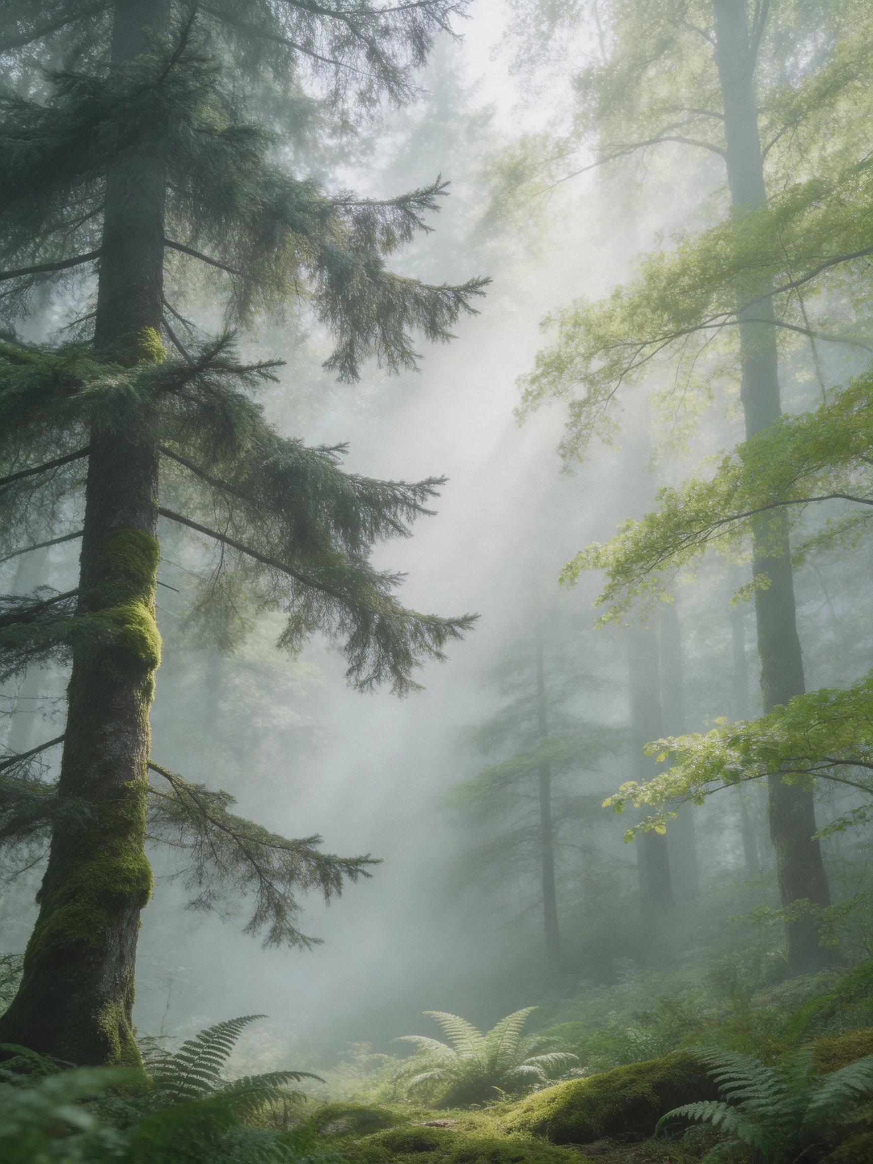 Misty Forest with Tall Moss-Covered Trees and Ferns