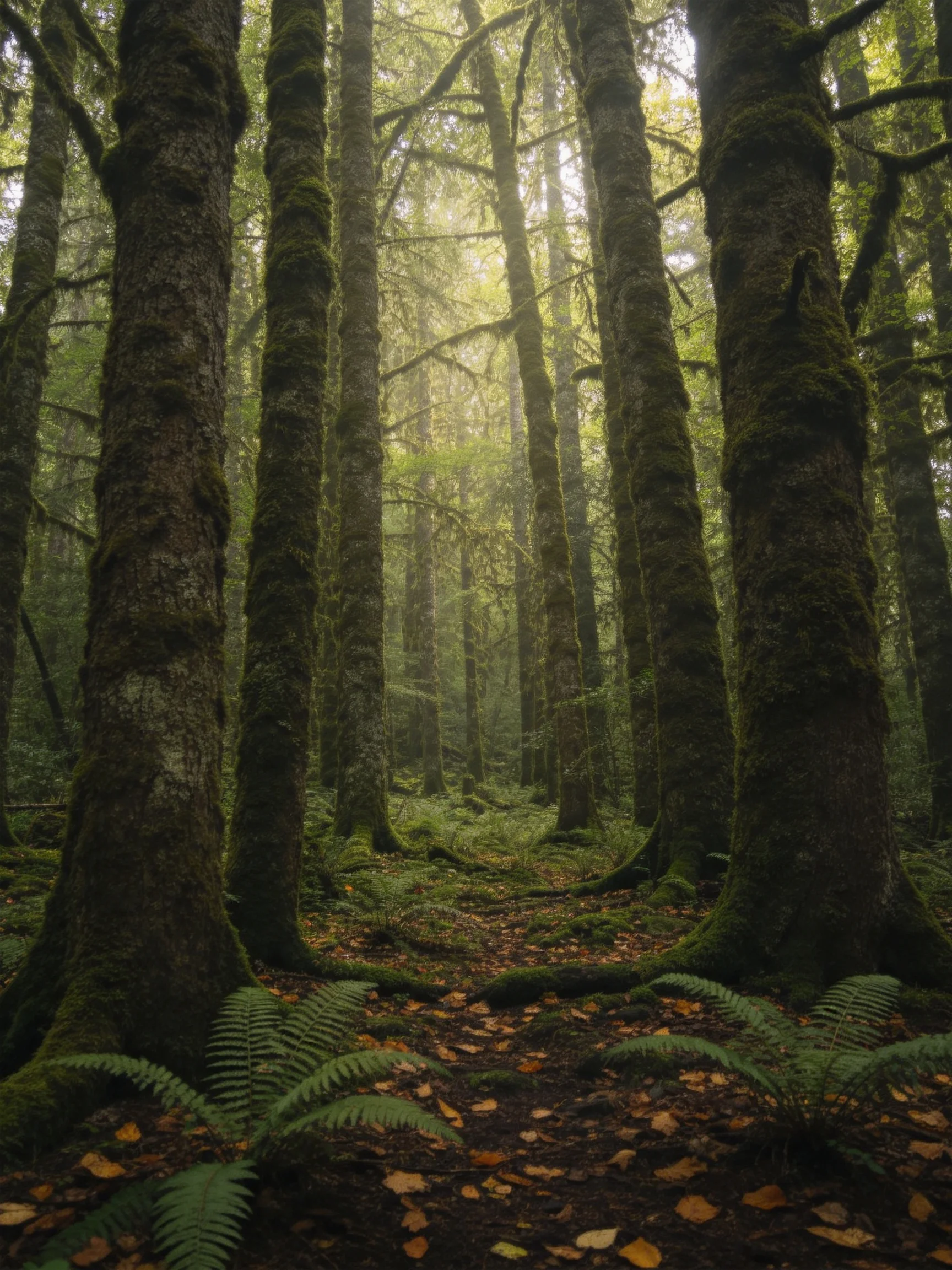 Misty Forest with Tall Moss-Covered Trees and Ferns