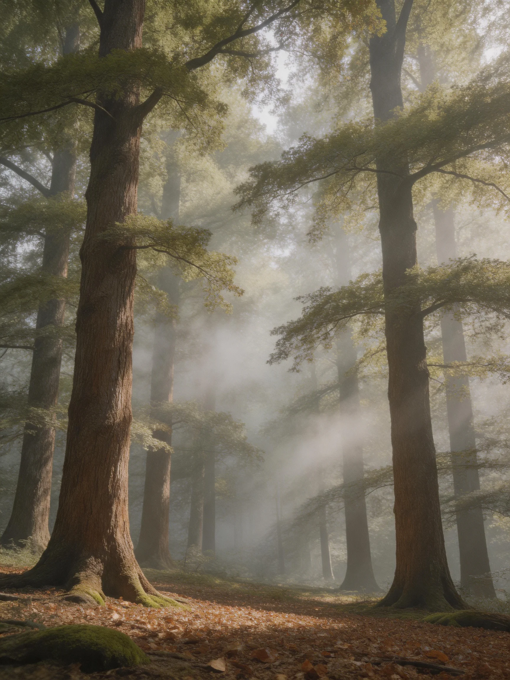 Misty Forest with Tall Oak Trees and Earth-Tone Ground