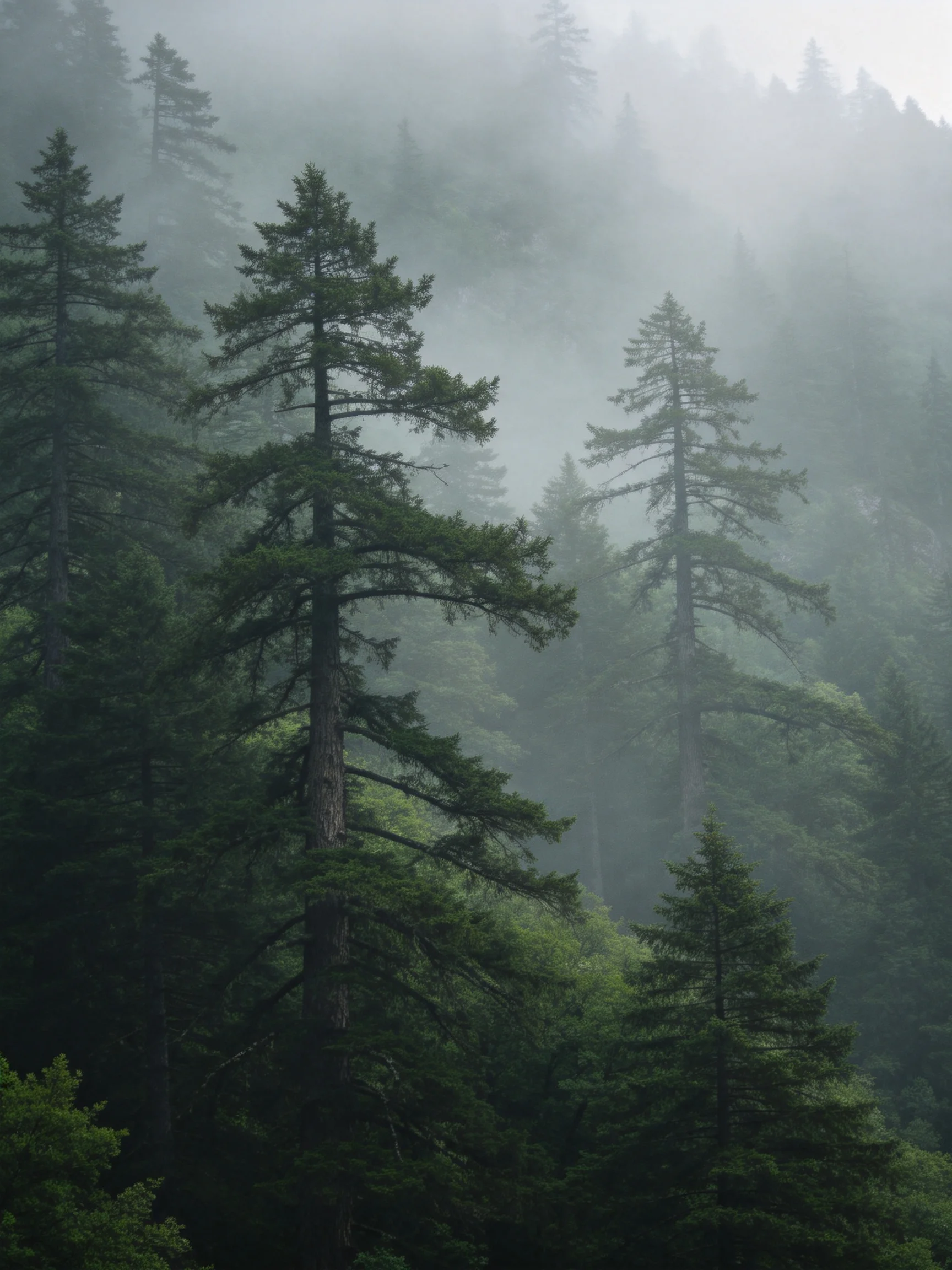 Misty Forest with Tall Pine Trees and Dense Fog