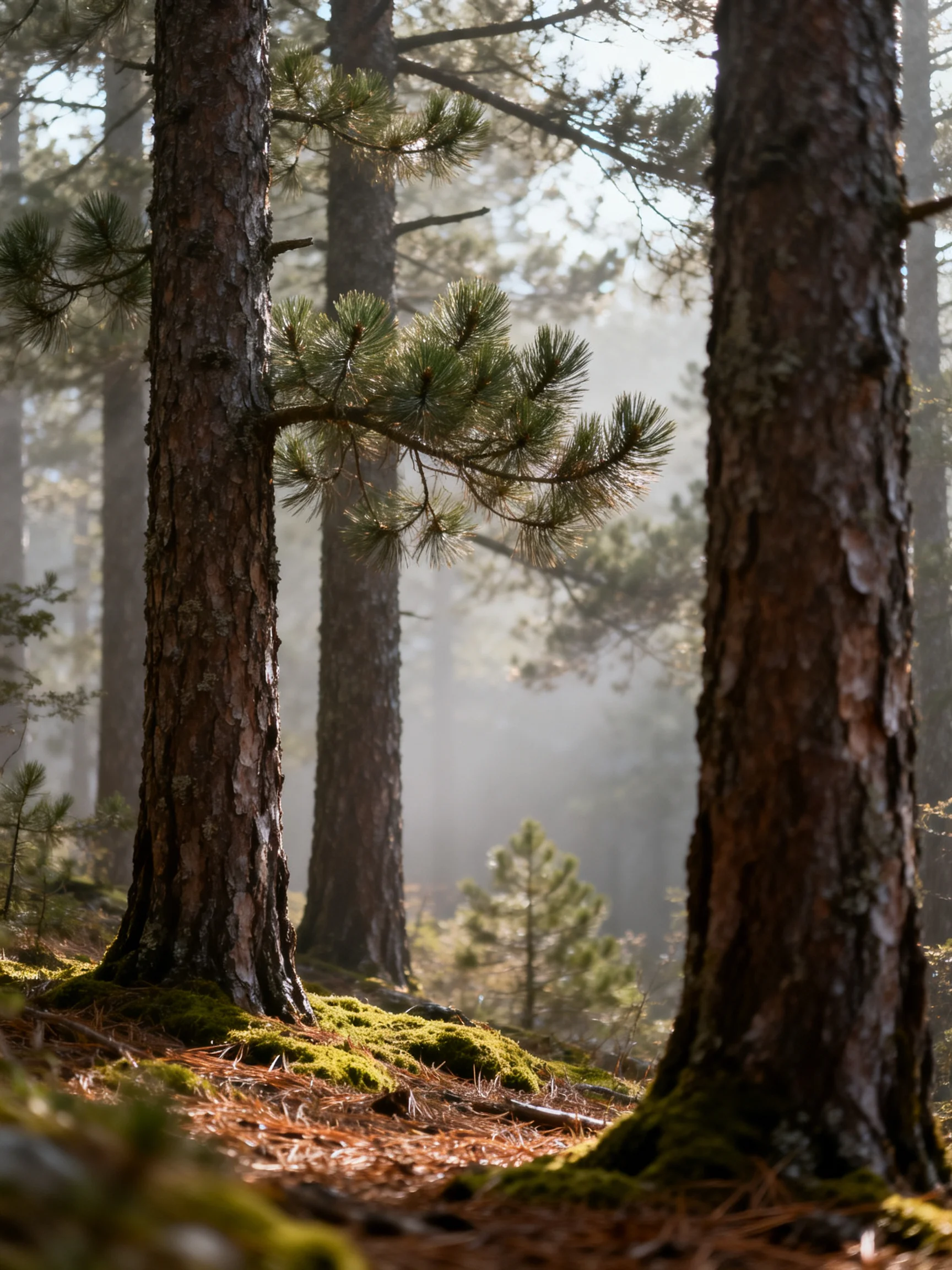 Misty Forest with Tall Pine Trees and Moss-Covered Ground