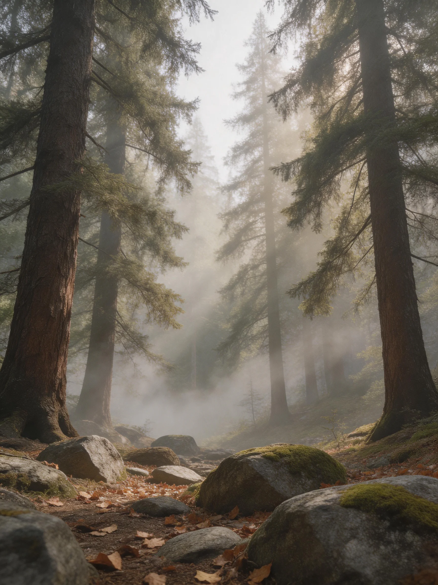 Misty Forest with Tall Pine Trees and Moss-Covered Rocks