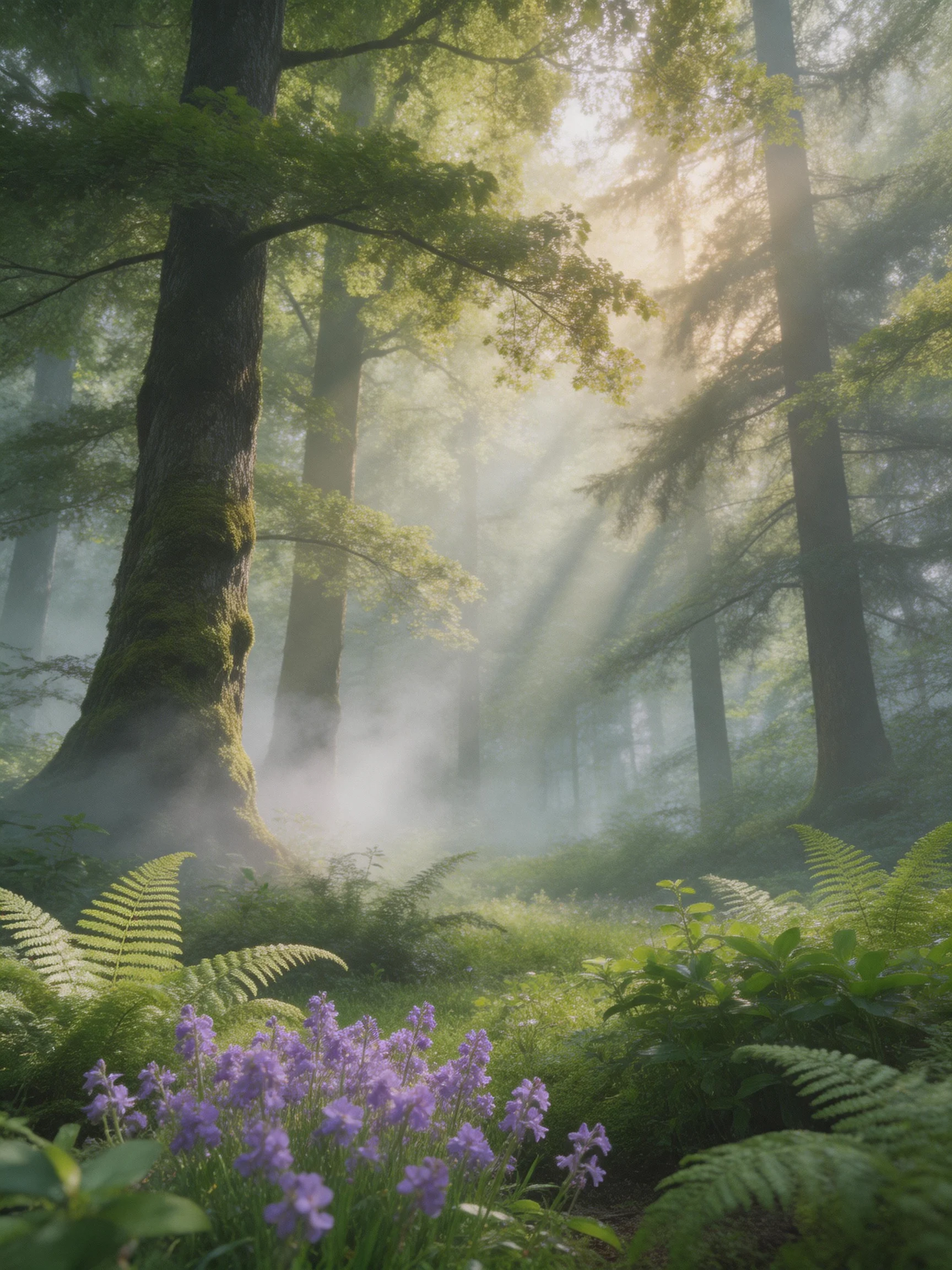 Misty Forest with Tall Trees, Ferns, and Purple Flowers