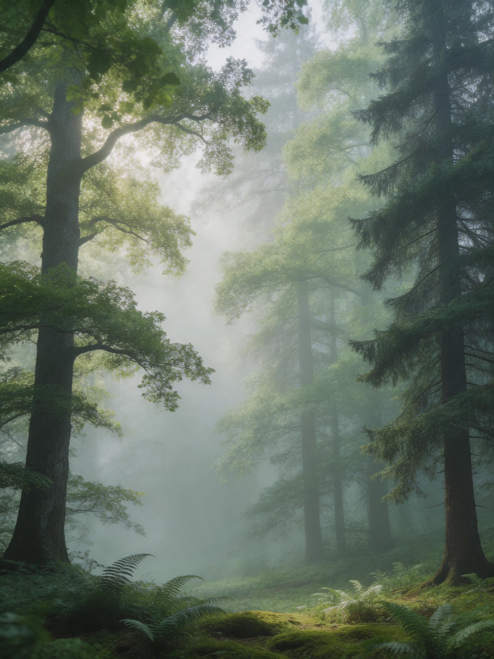 Misty Forest with Tall Trees, Moss-Covered Ground, and Lush Ferns