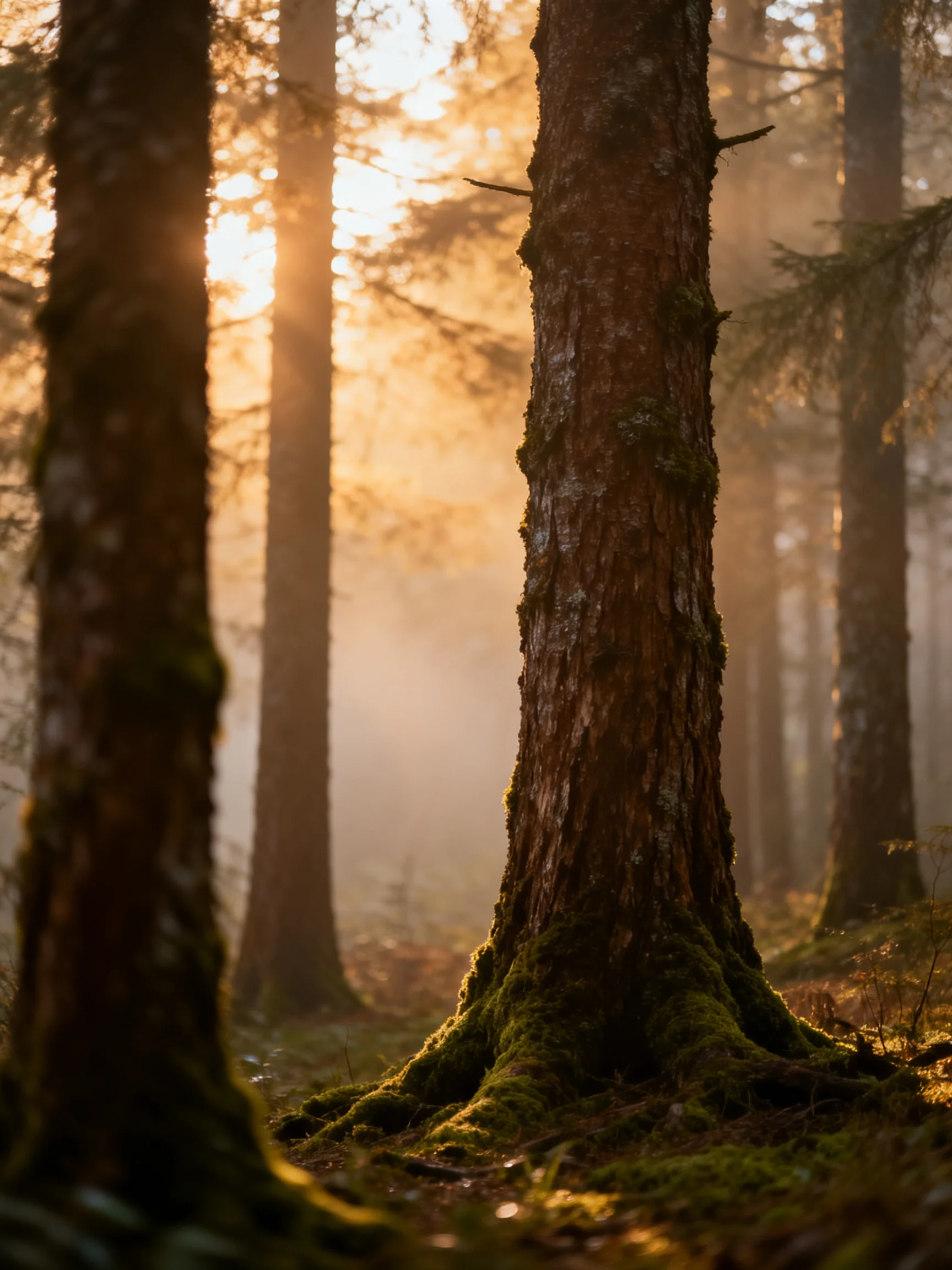 Misty Forest with Tall Trees and Golden Sunlight Filtering Through