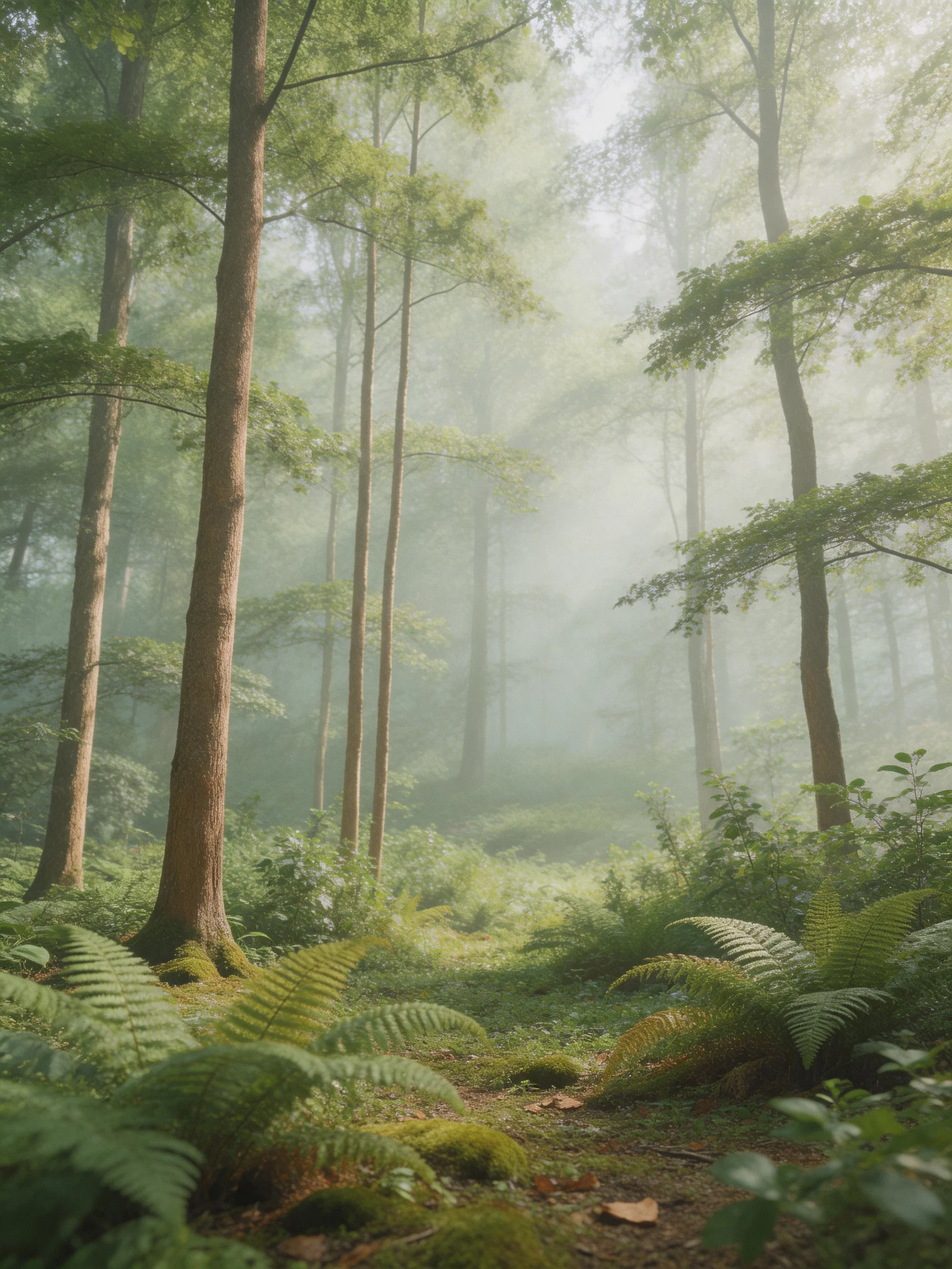 Misty Forest with Tall Trees and Lush Ferns