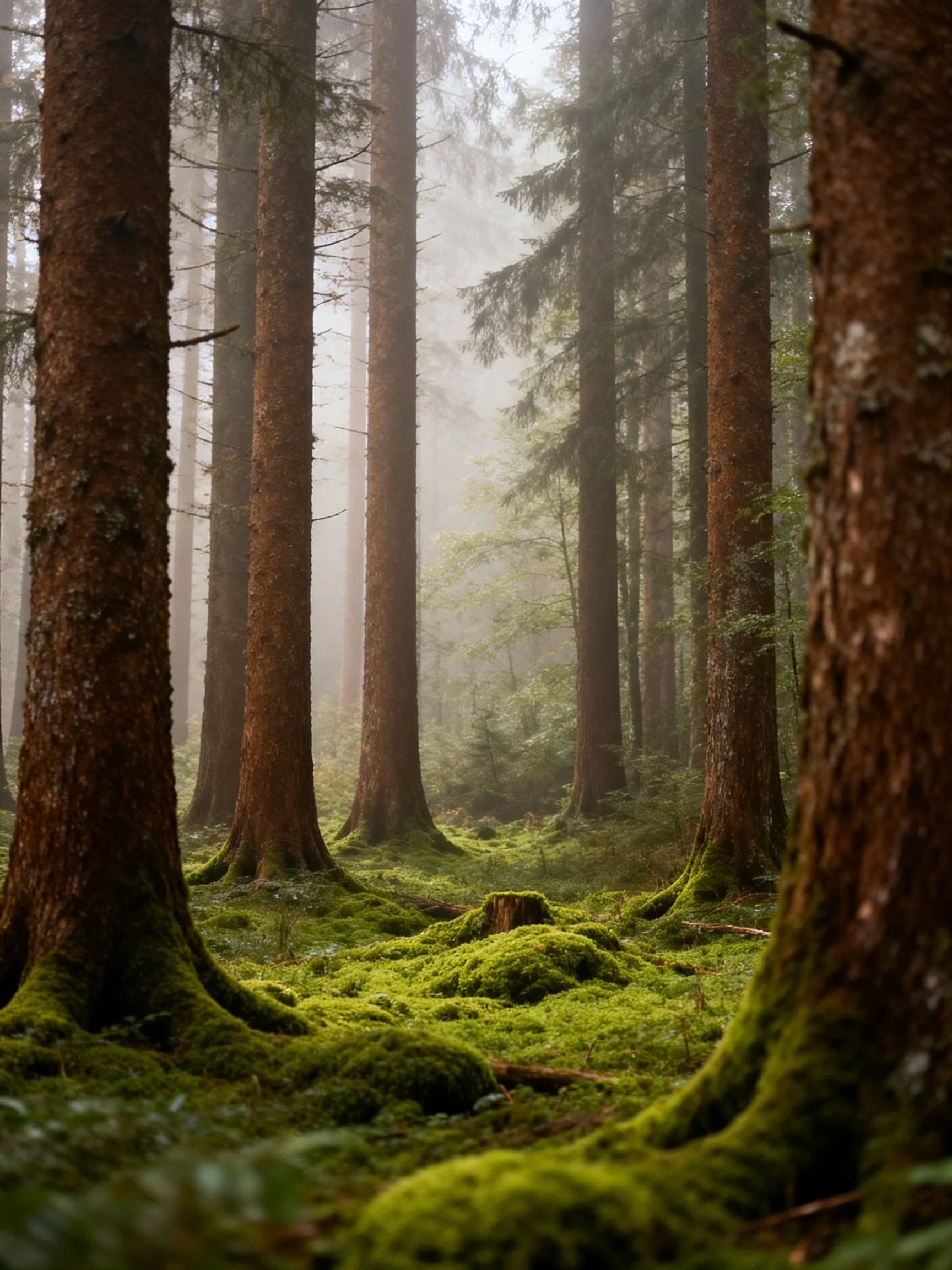 Misty Forest with Tall Trees and Lush Moss-Covered Ground