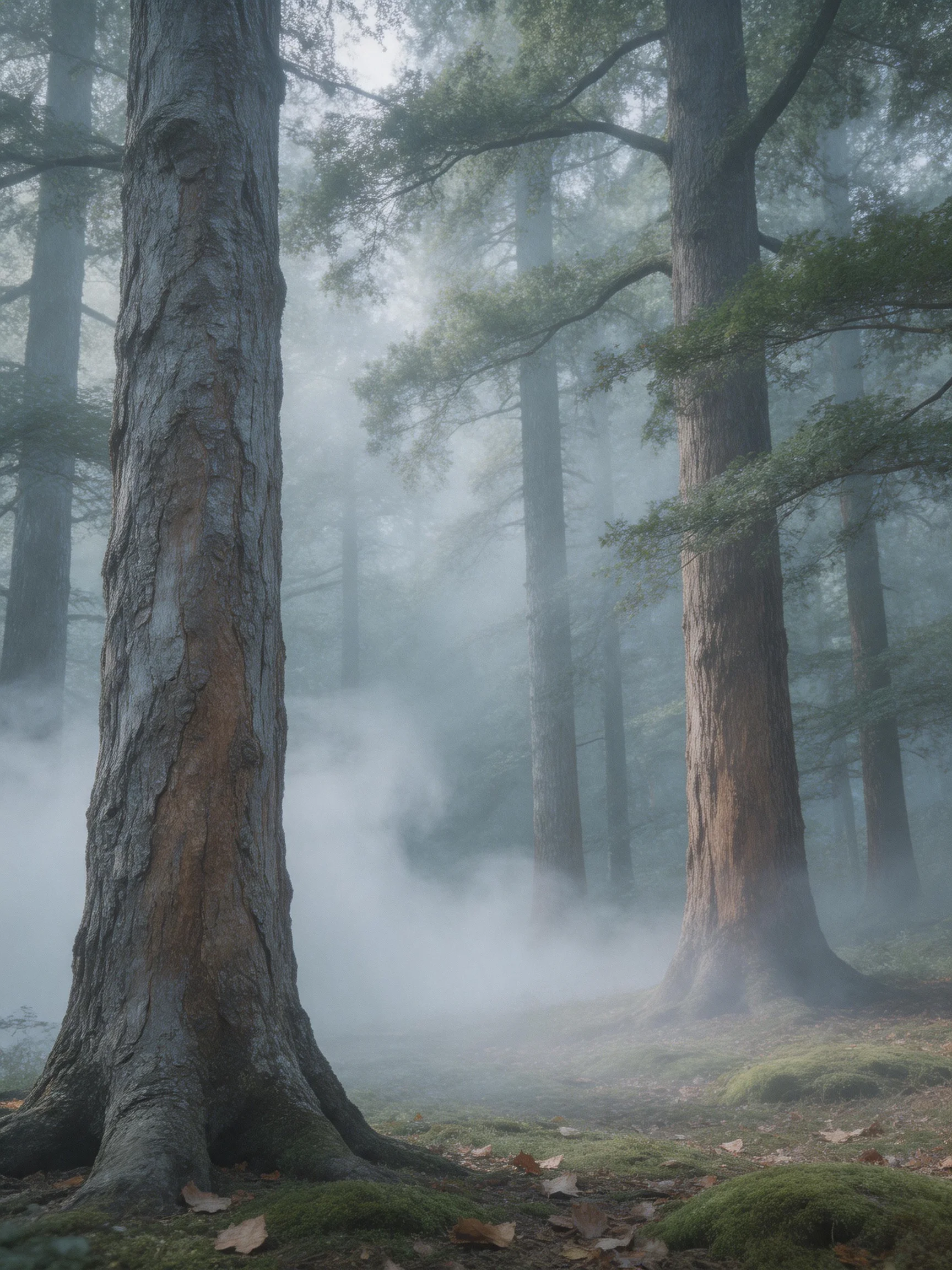 Misty Forest with Tall Trees and Moss-Covered Ground