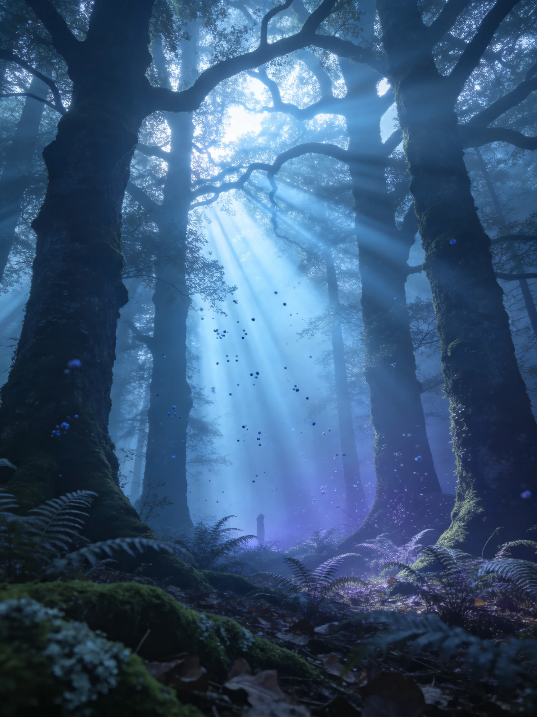 Misty Forest with Tall Trees and Sunbeams Through Fog