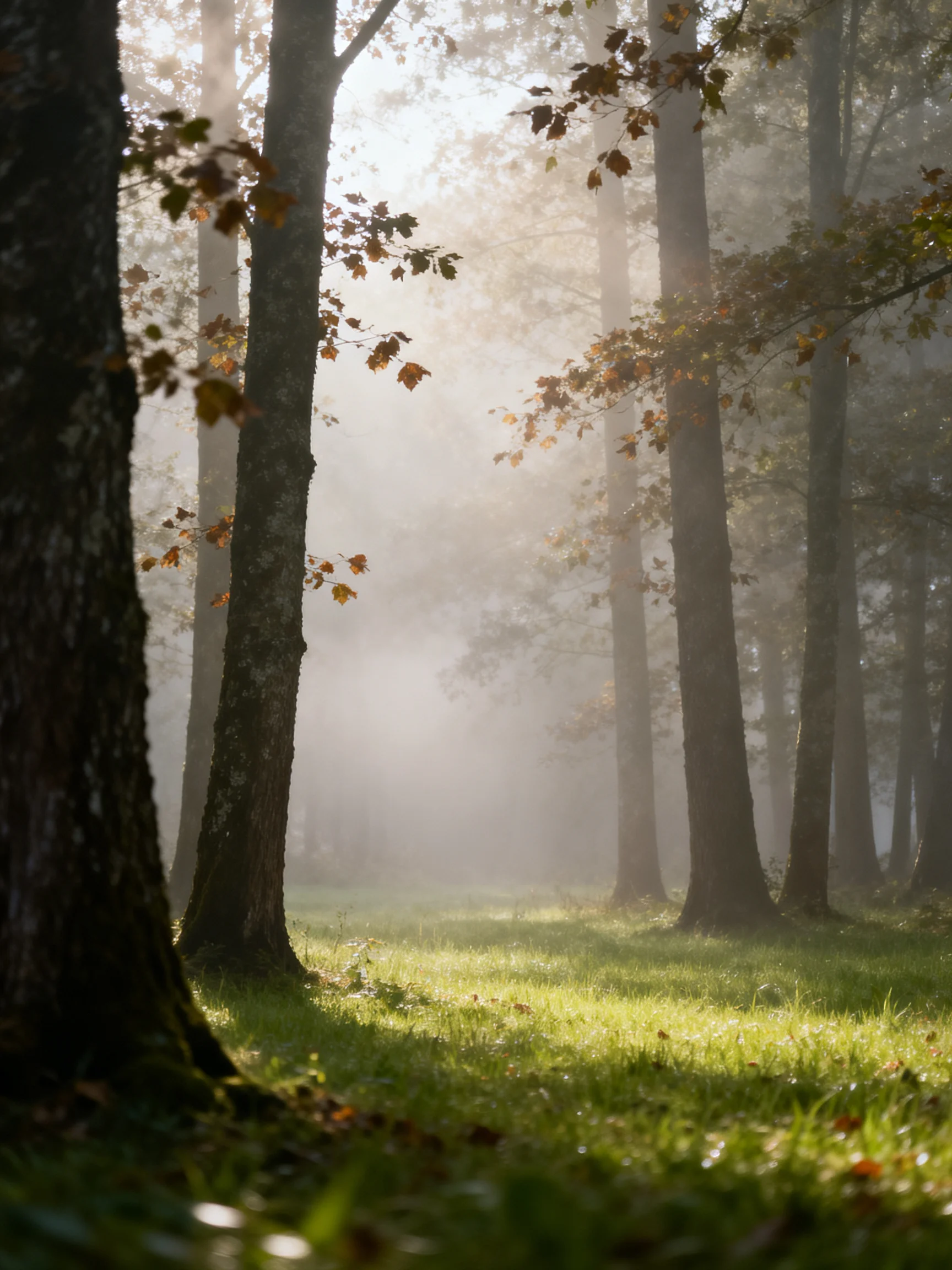Misty Forest with Tall Trees and Sunlit Grass