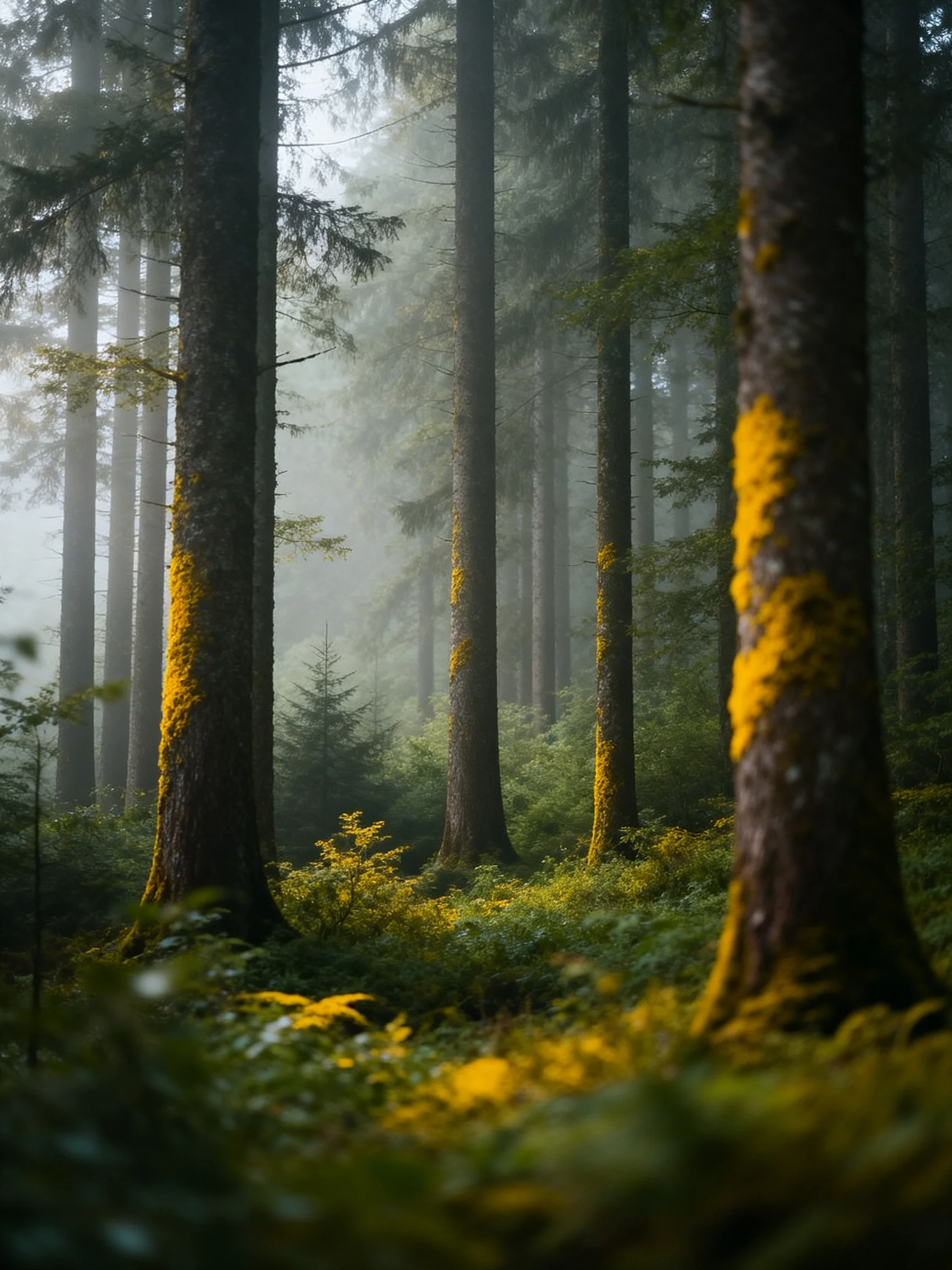 Misty Forest with Tall Trees and Yellow Moss