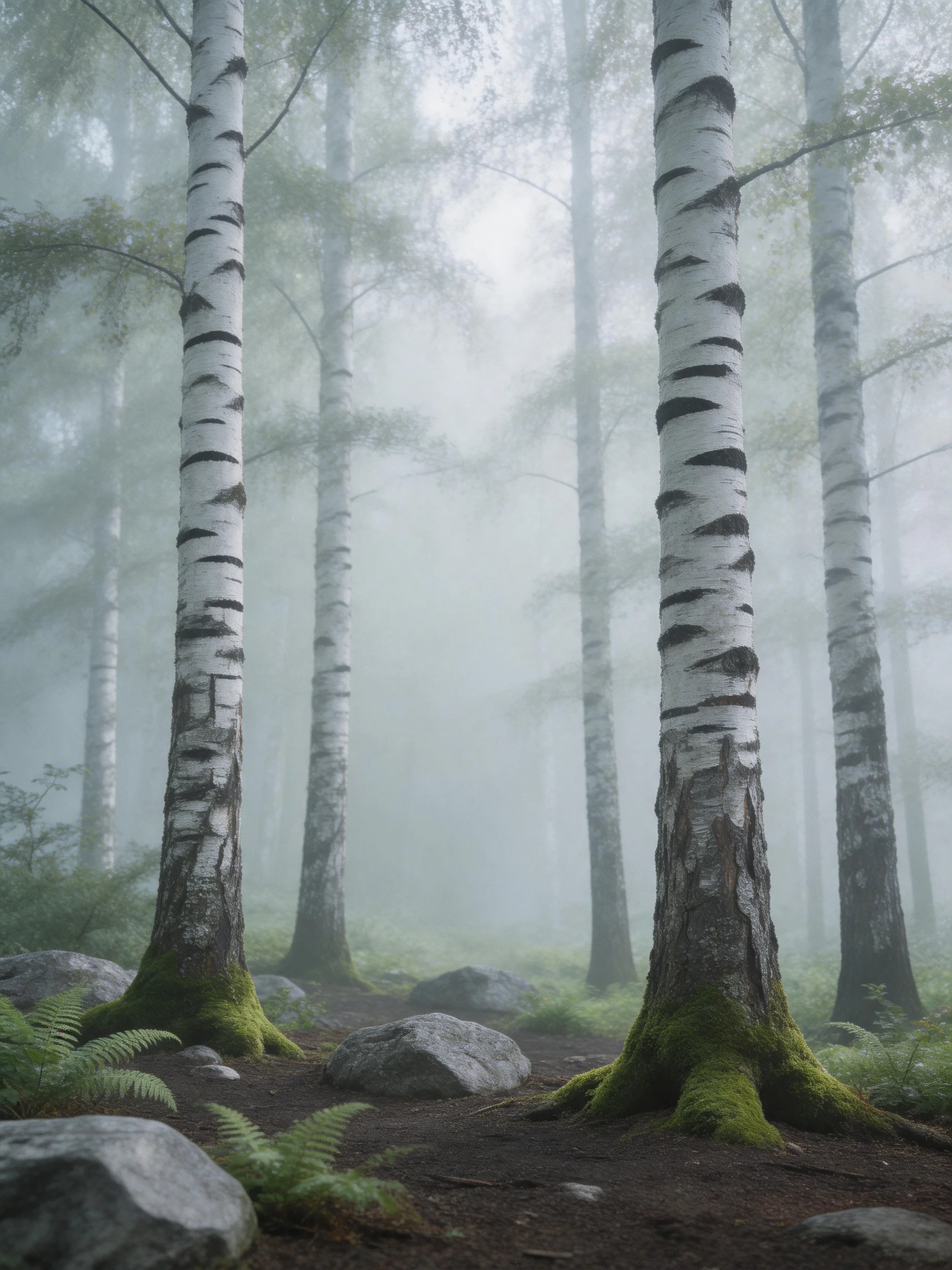 Misty Forest with Tall White-Barked Birch Trees and Moss-Covered Roots